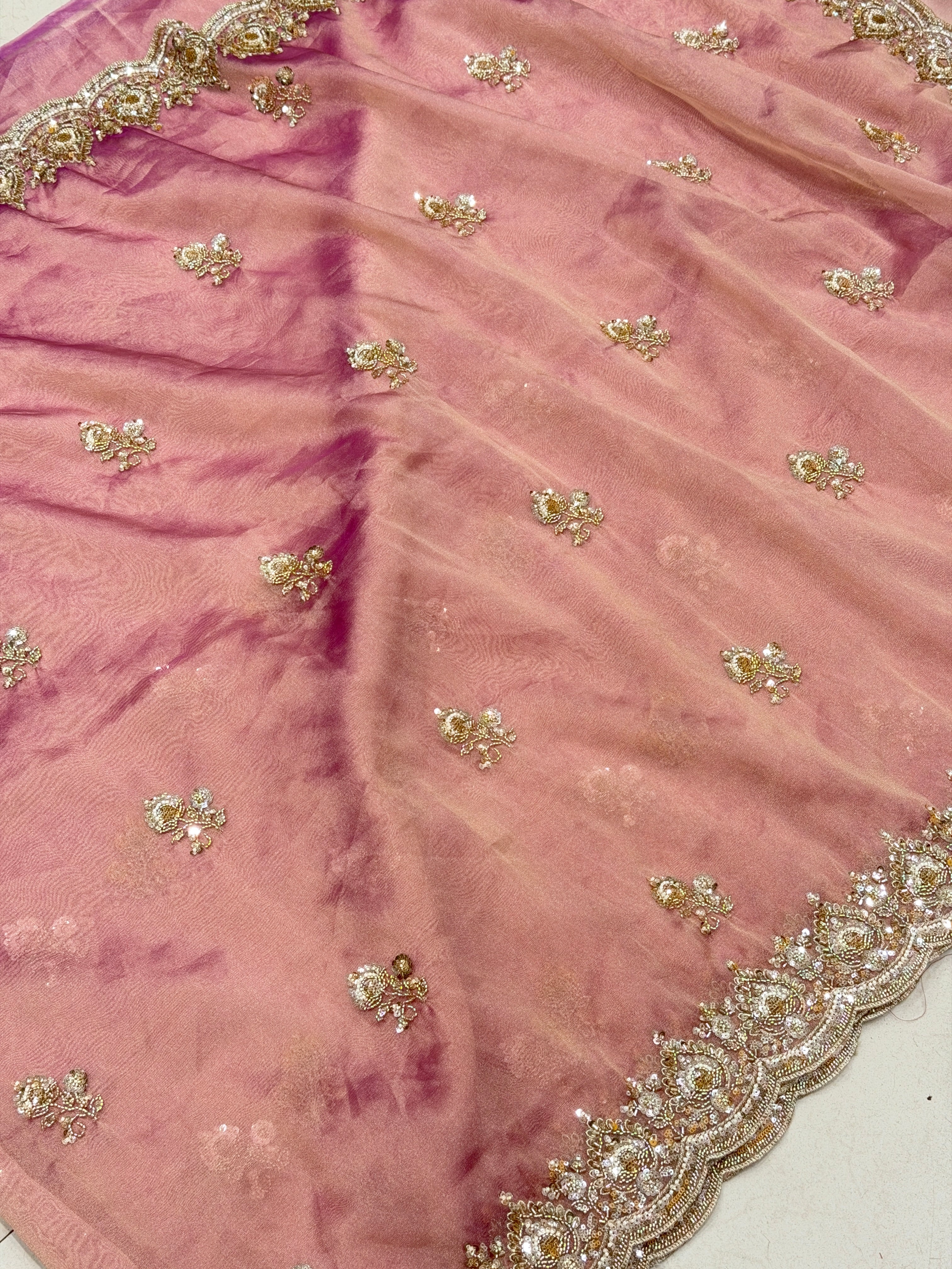 Pink Tissue Organza Moti Sequin Embroidery Heavy Blouse Saree