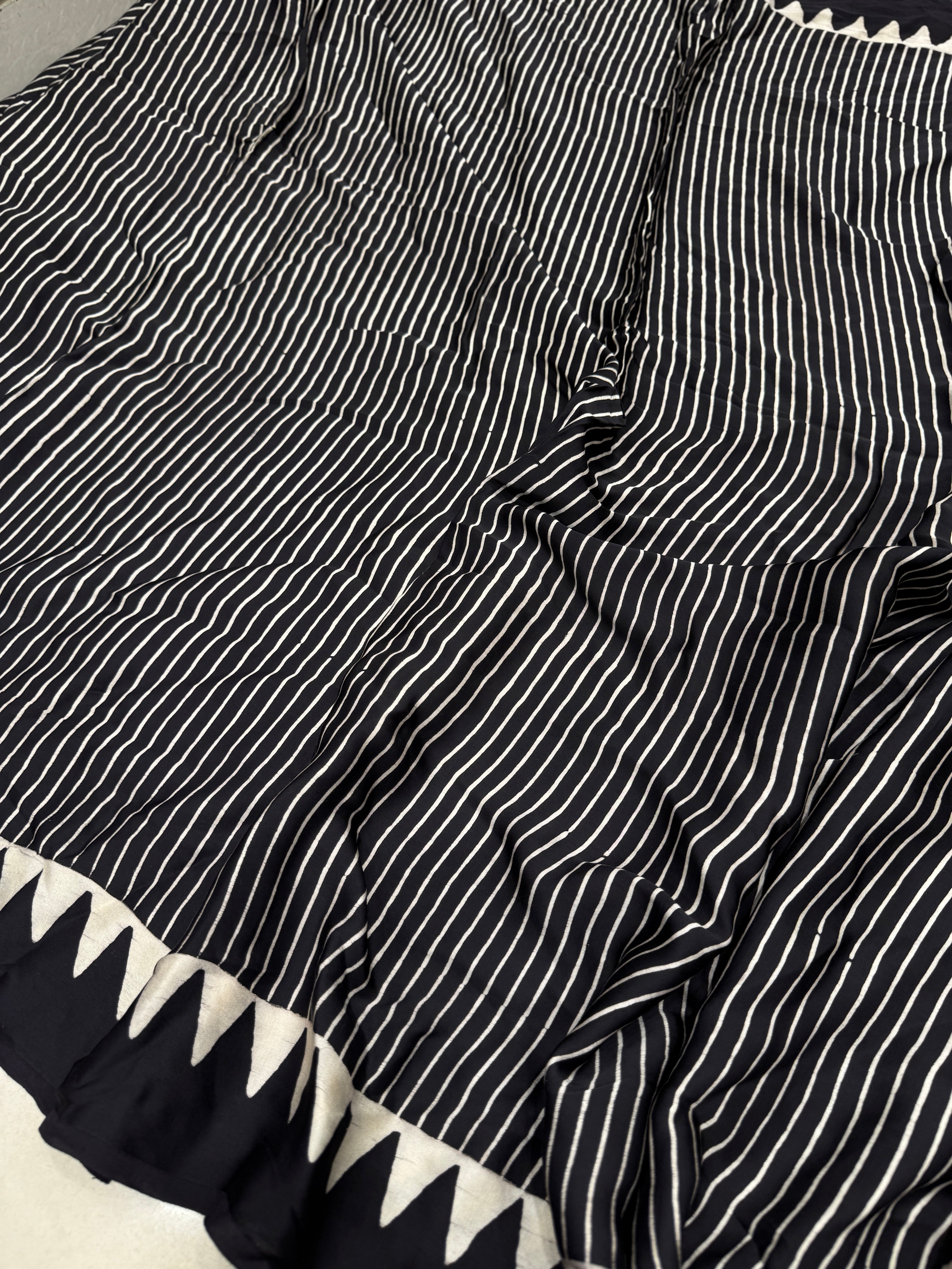 Black Contemporary Leaf Pallu Ajrakh Hand Block Print Pure Gajji Silk Saree
