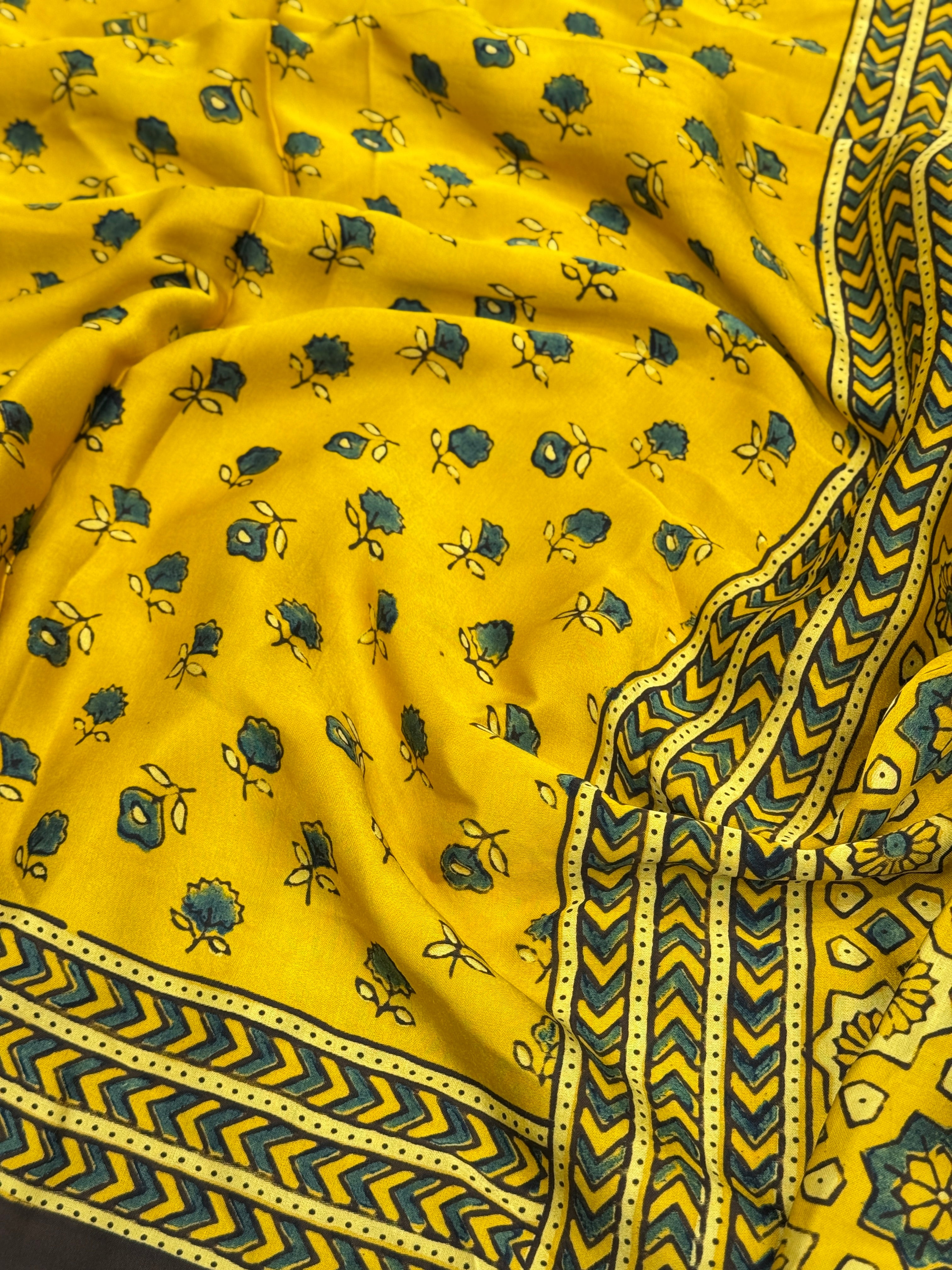 Yellow Butti Modal Silk Ajrakh Saree
