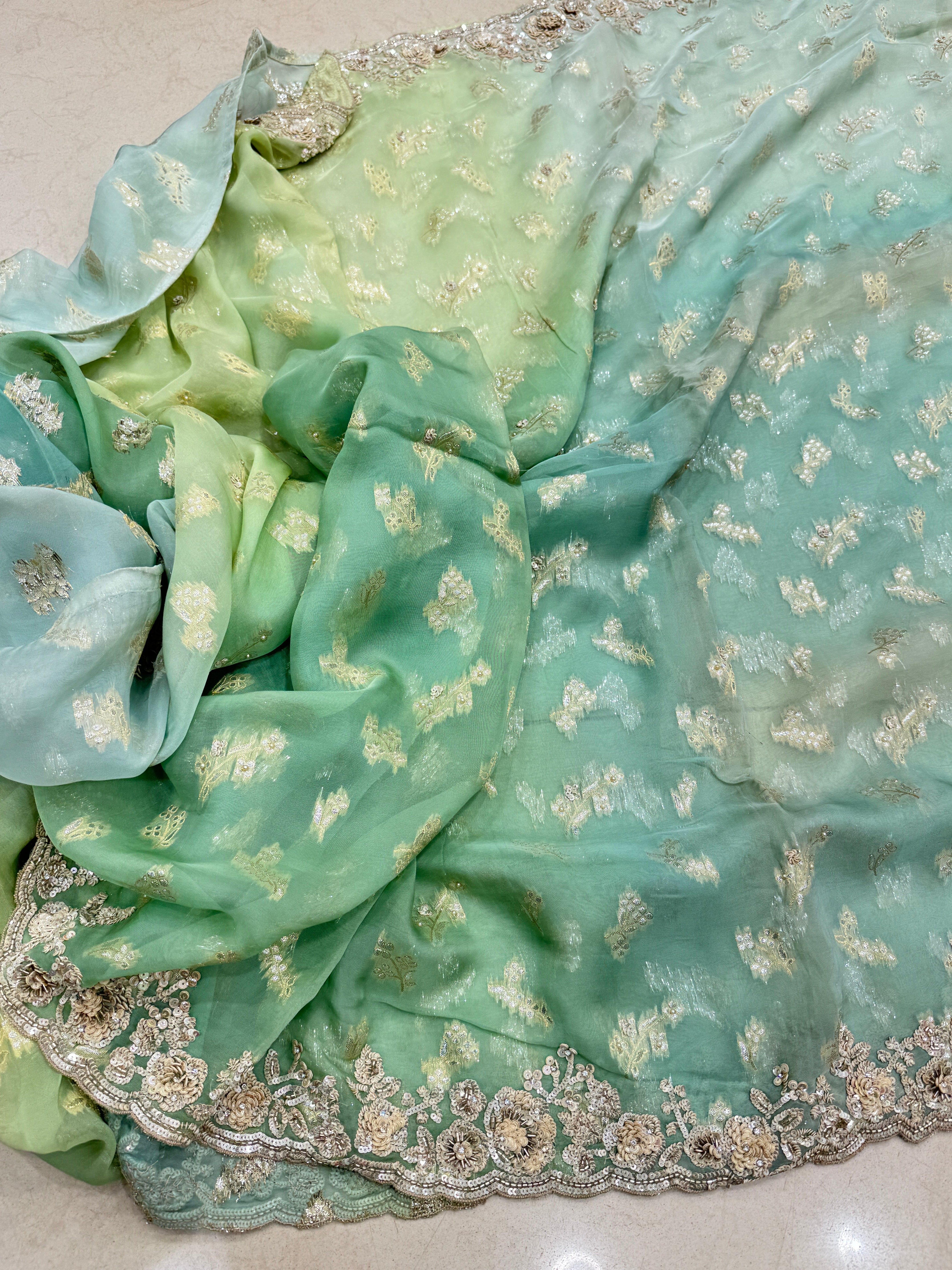 Green Shaded Satin Organza Hand Embroidered Saree