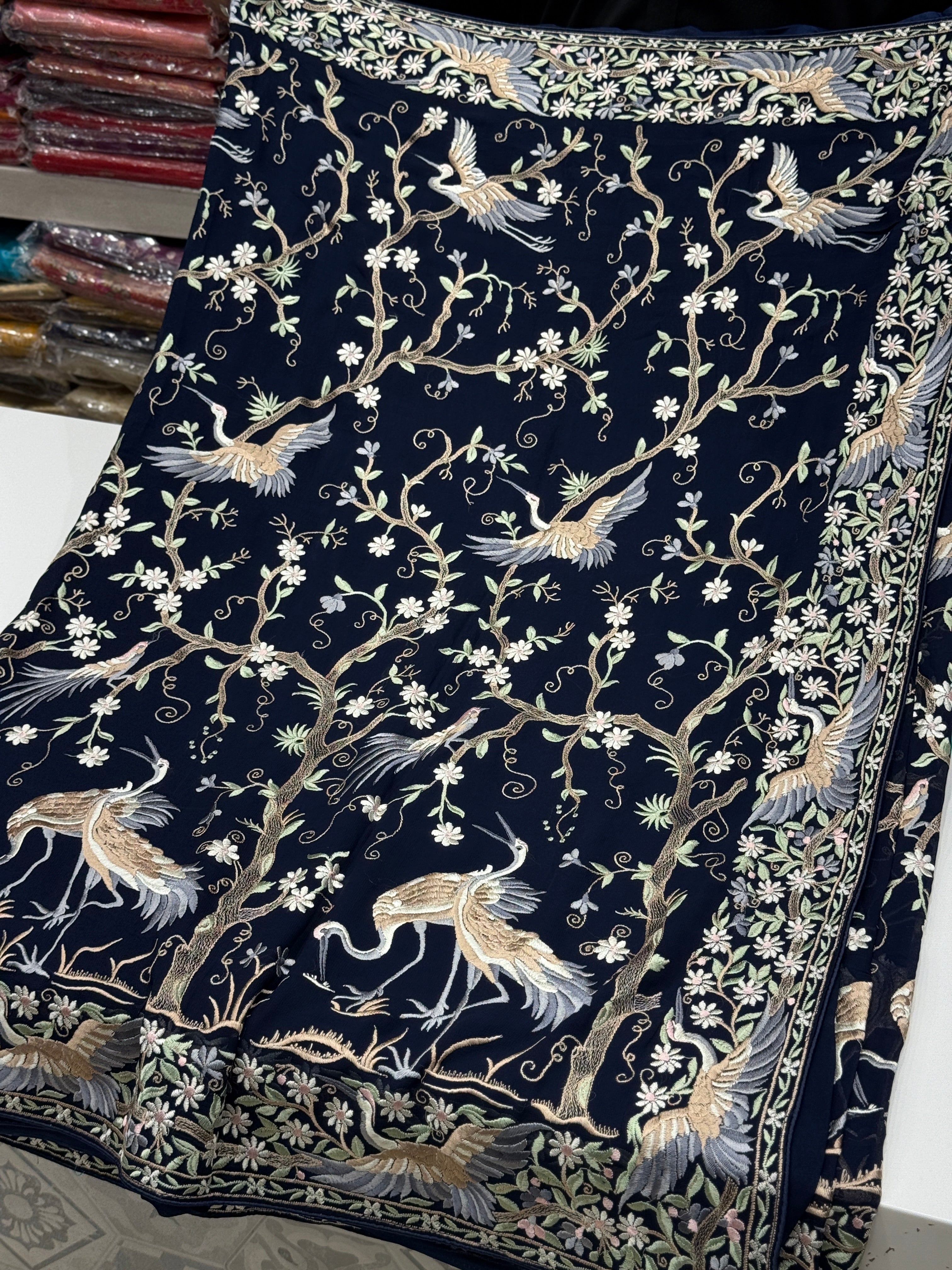 Blue Tree Of Life Flamingo Parsi Gara Saree