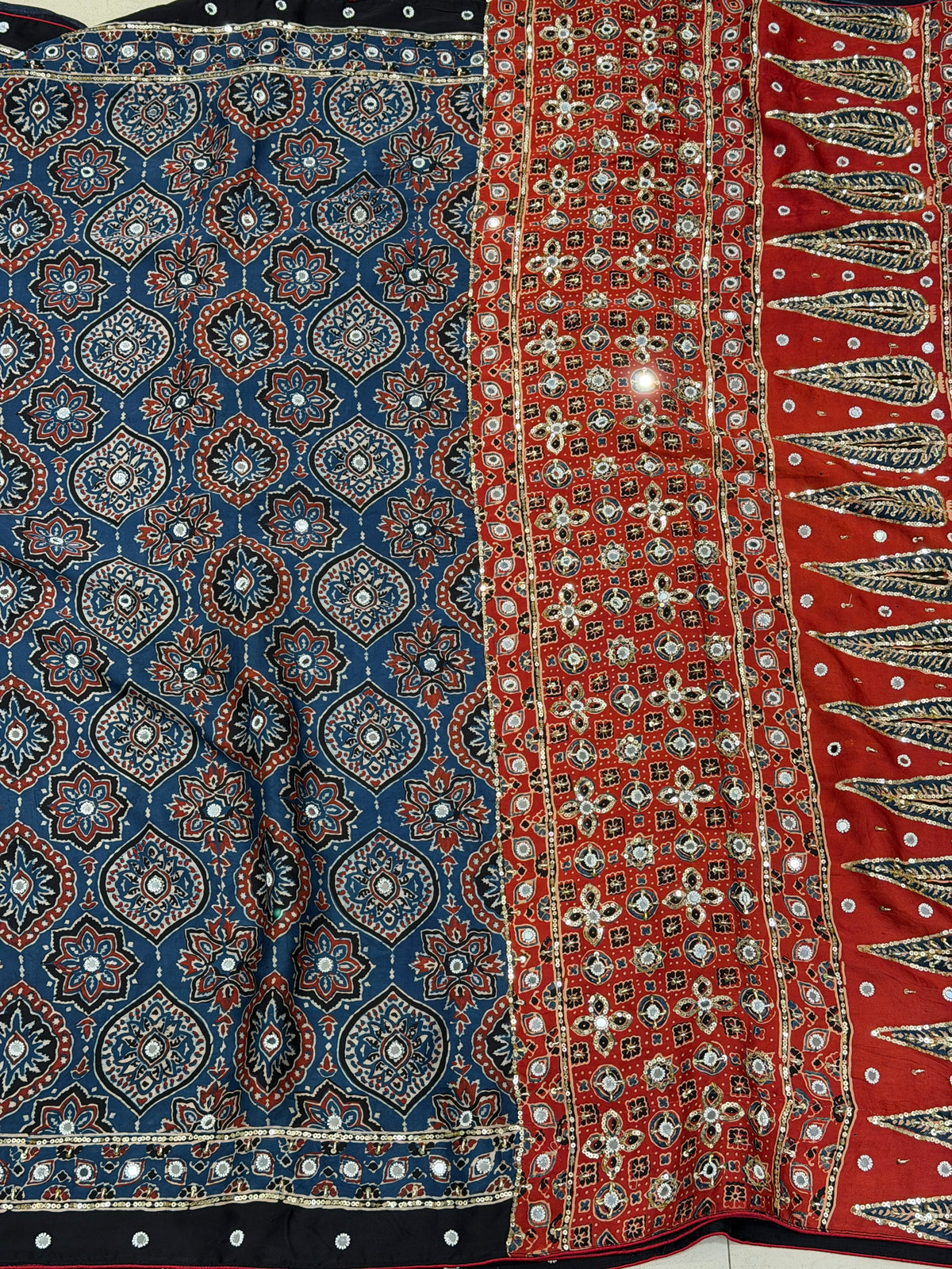 Blue Red Badam Jaal Ajrakh Real Mirror Moti Sequin Hand Embroidery Saree