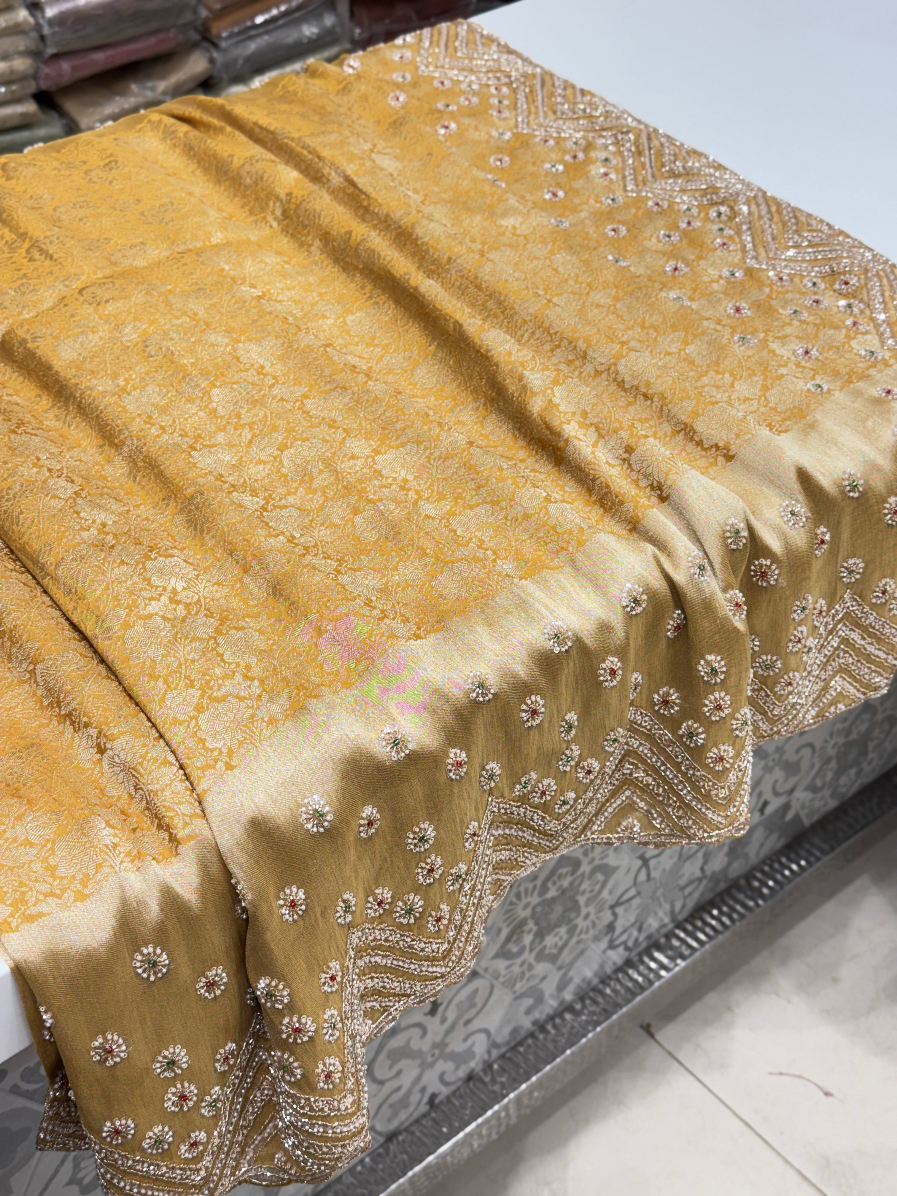 Yellow Floral Weave Soft Silk Moti Crystal Embroidery Saree