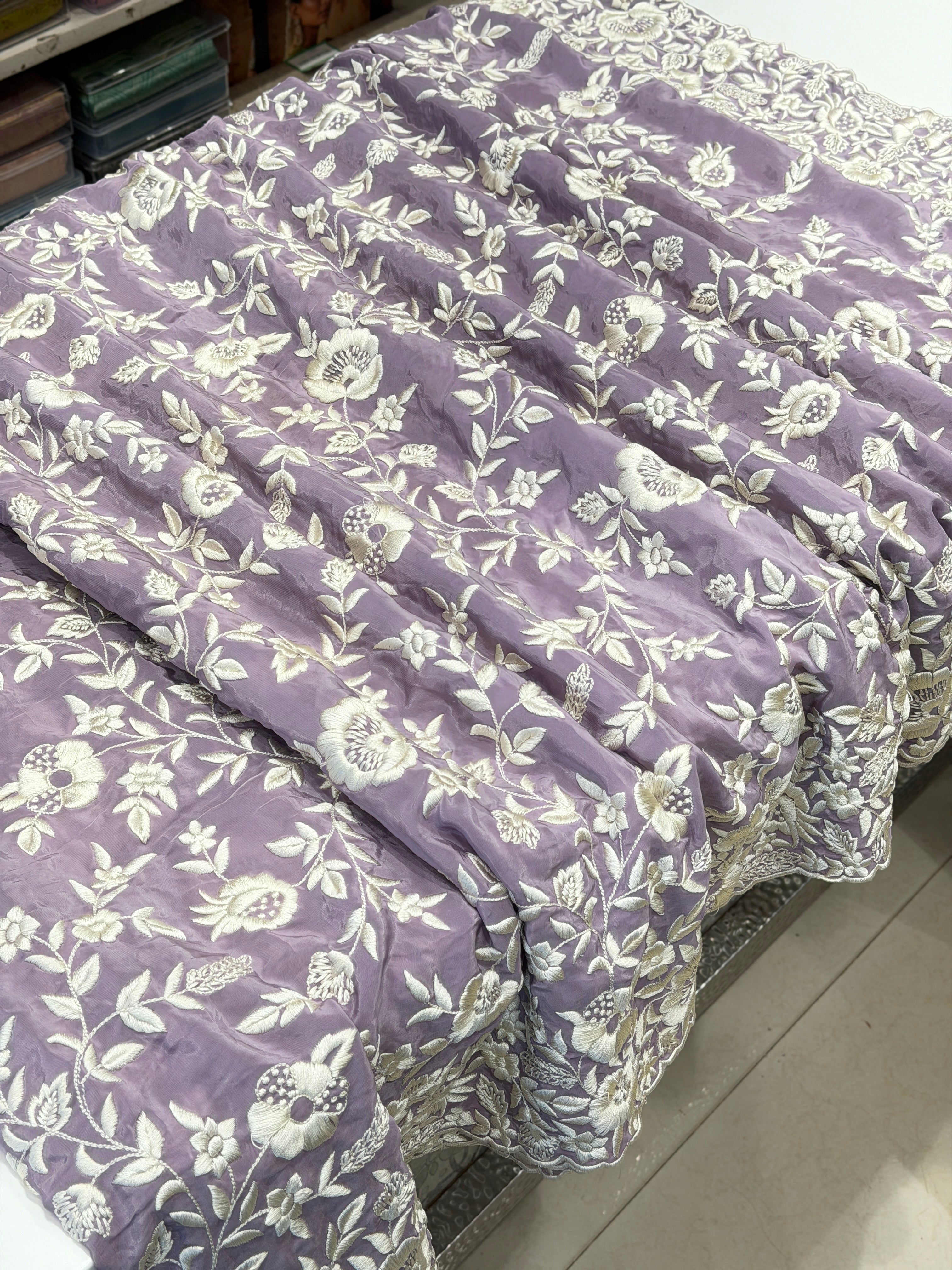 Lilac Crepe Floral Jaal Flamingo Resham Embroidery Saree