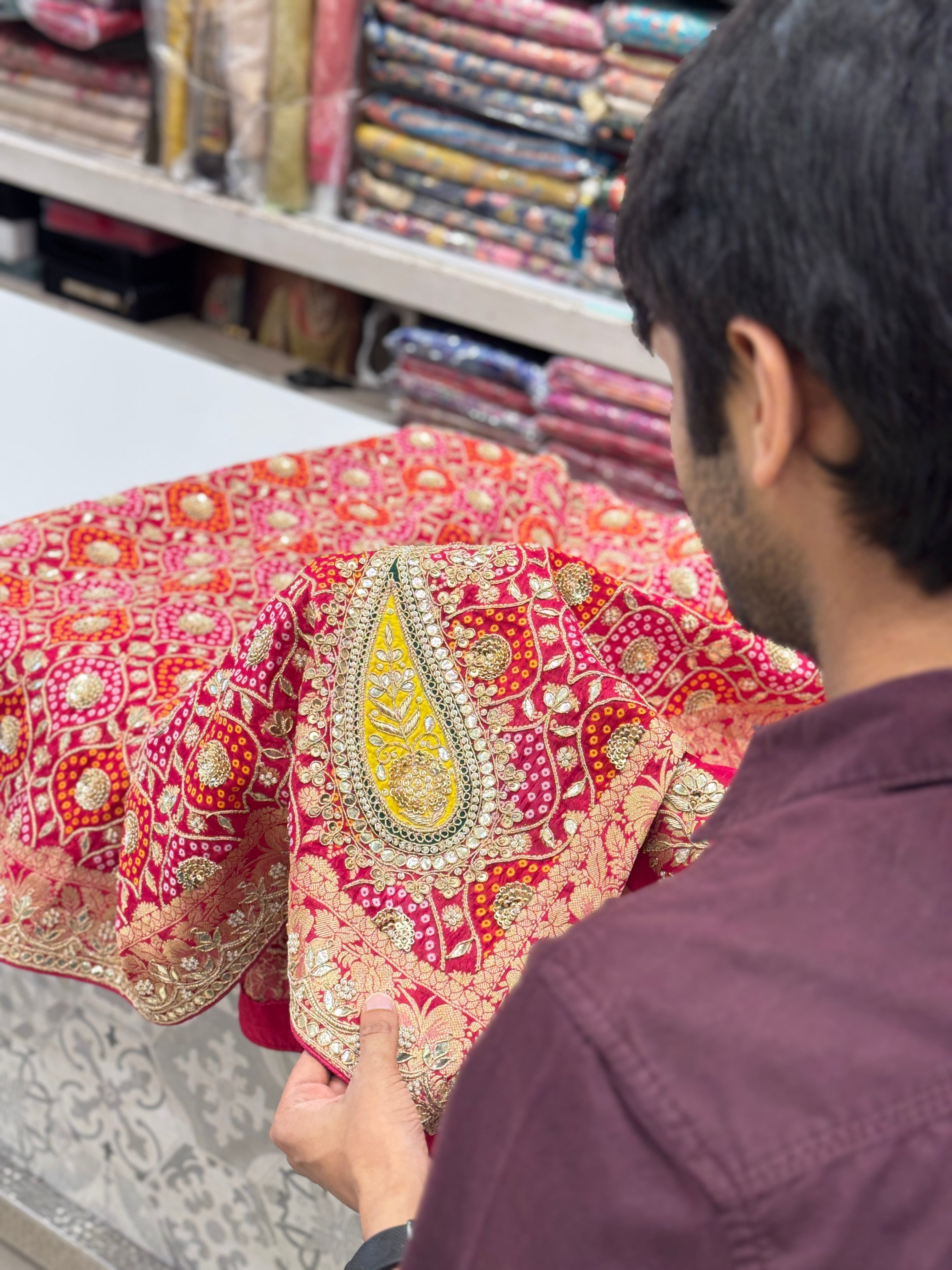 Rani Pink Georgette Woven Bandhej Gotapatti Zardosi Hand Embroidery Saree