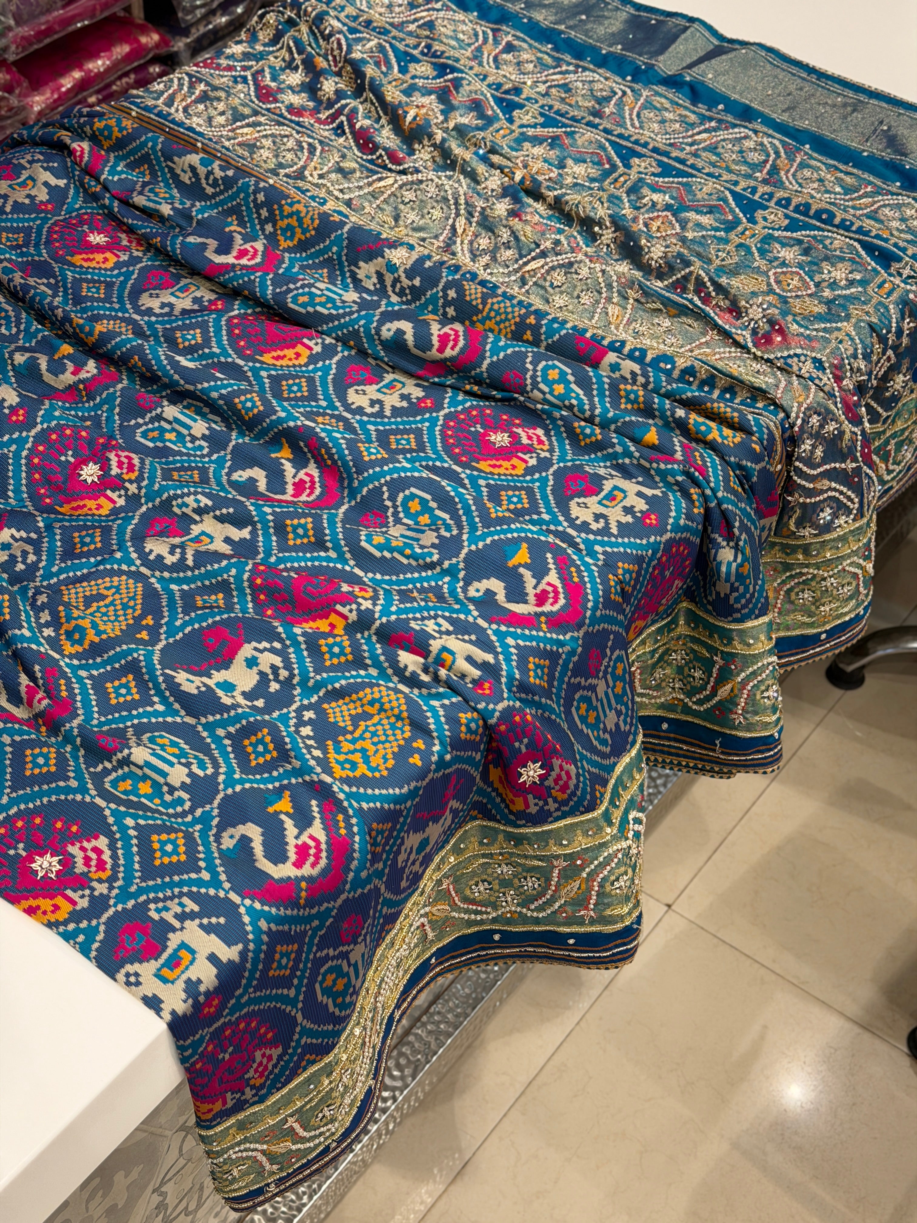 Blue Figure Banarasi Hand Embroidery Patola Saree