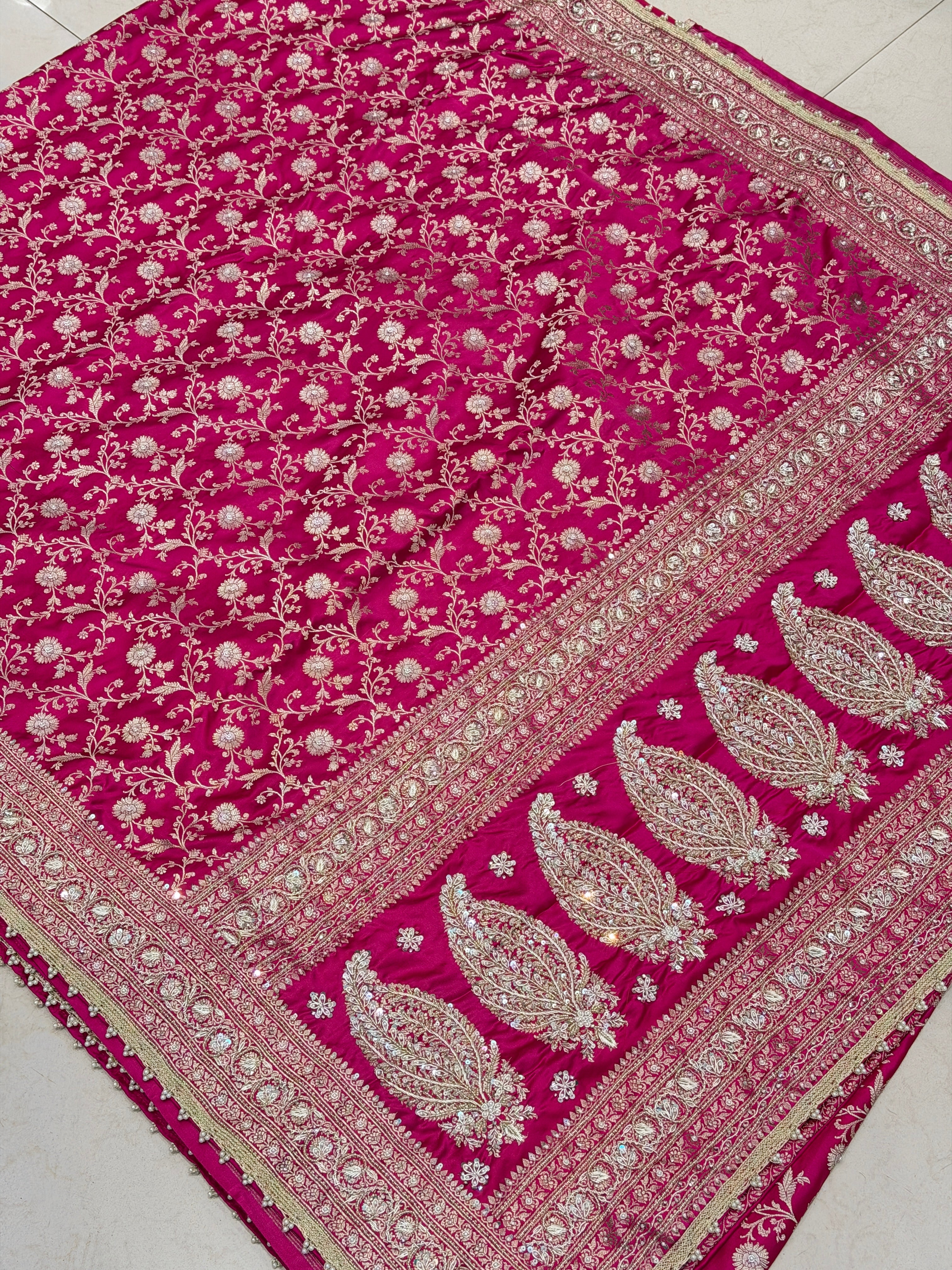 Rani Pink Banarasi Sona Roopa Jaal Zardosi Hand Embroidery Saree