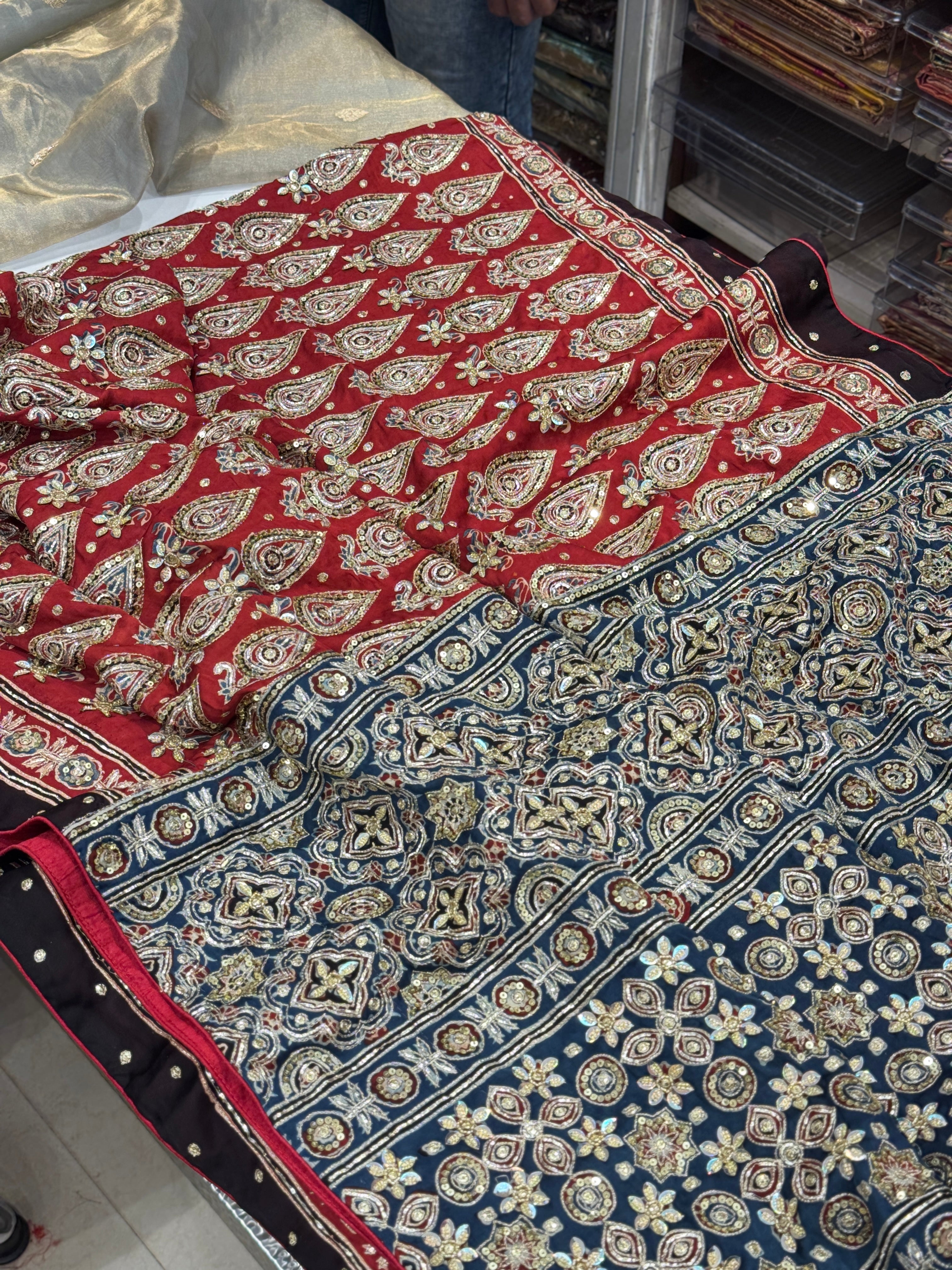 Red Blue Pallu Floral Buttas Ajrakh Hand Embroidery Saree