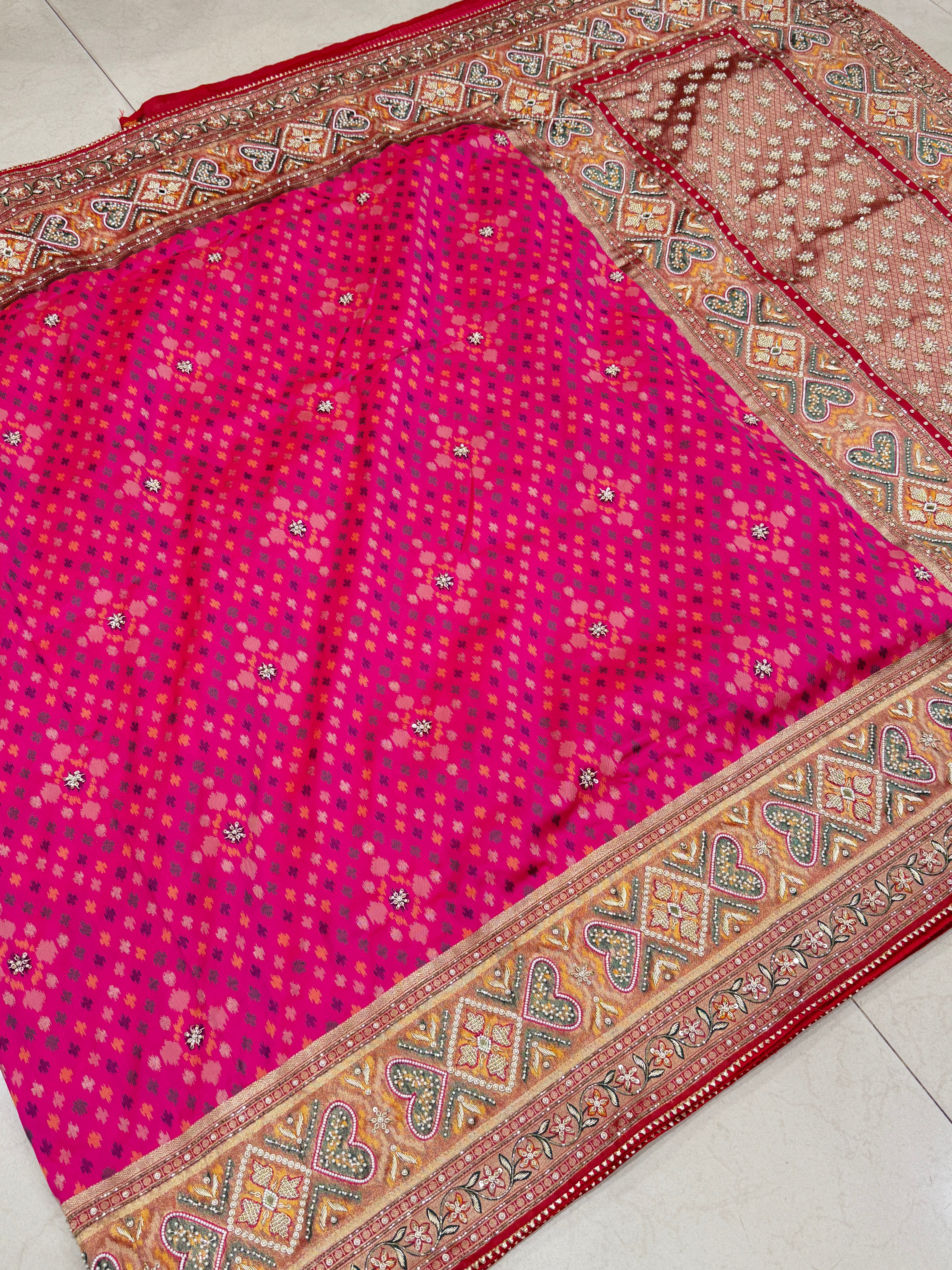 Rani Pink Patola Zardosi Hand Embroidery Saree Small Ikat