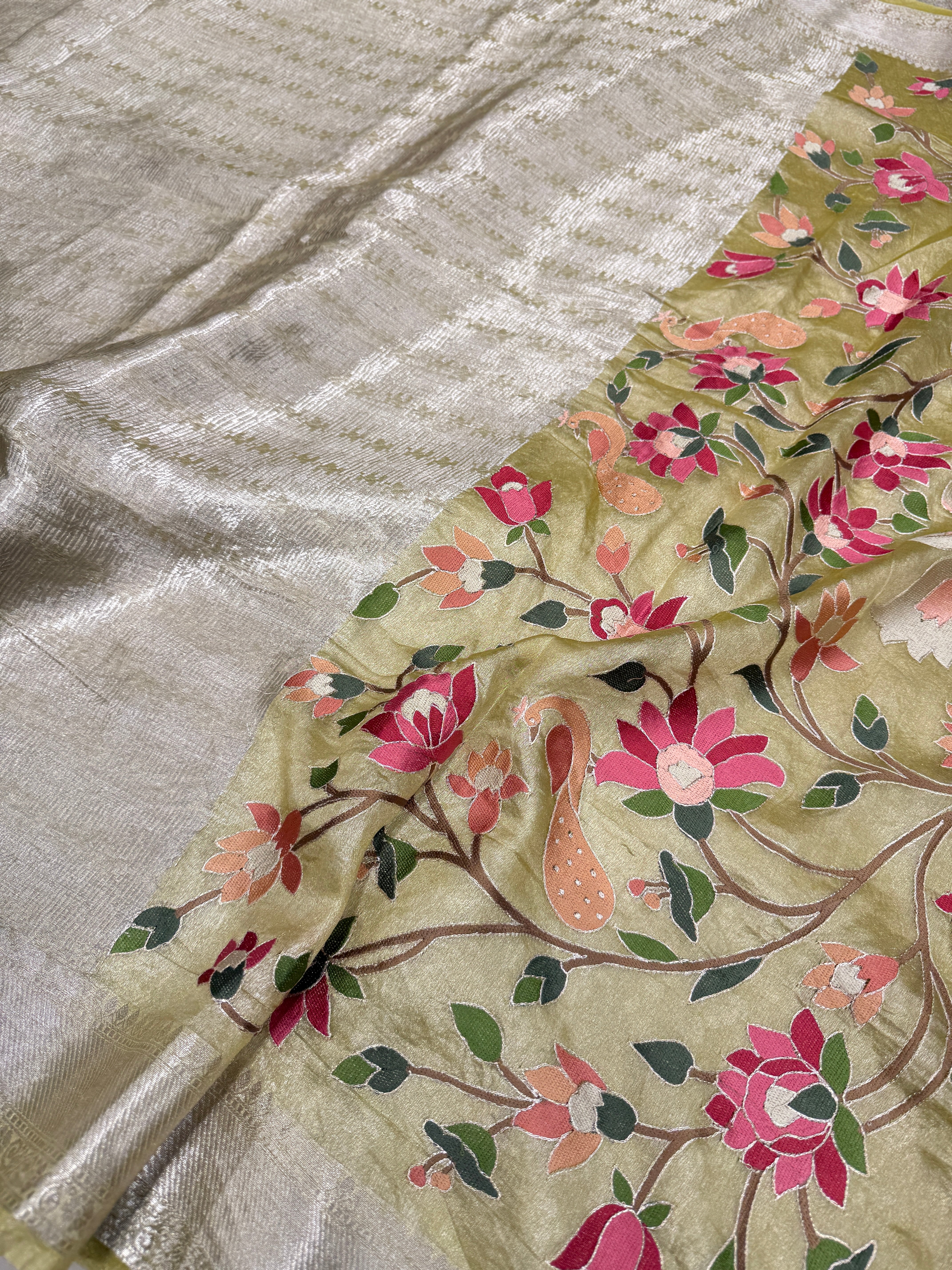 Yellow Silver Handloom Tissue Swans Contemporary Resham Embroidery Saree