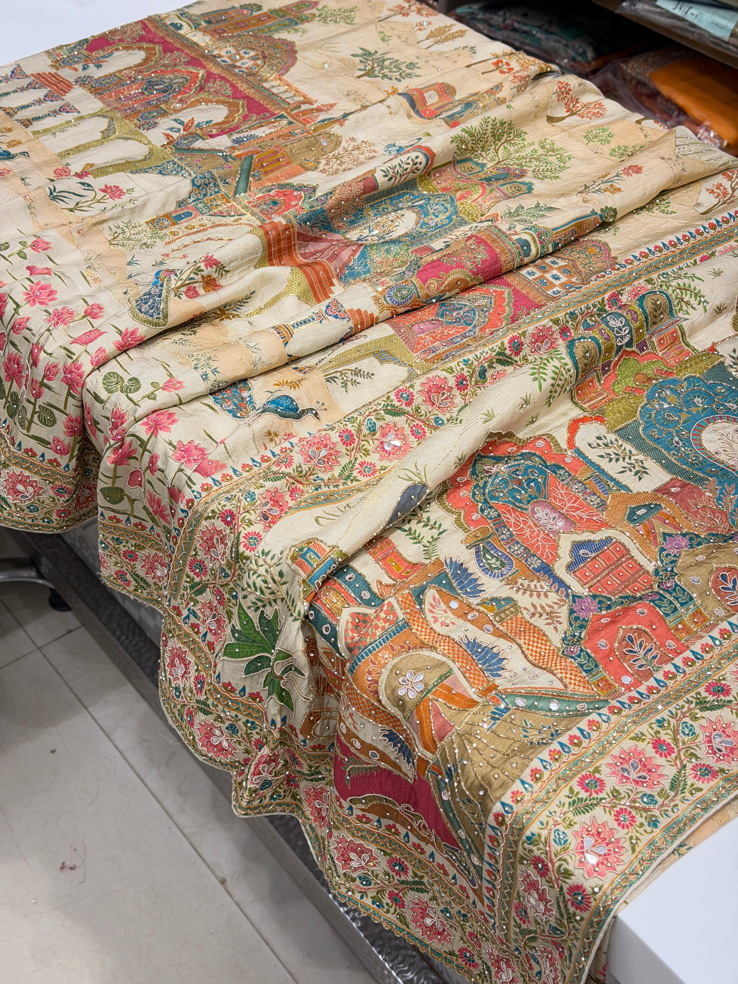 Beige Palace Landscape Hand Embroidery Pashmina Saree