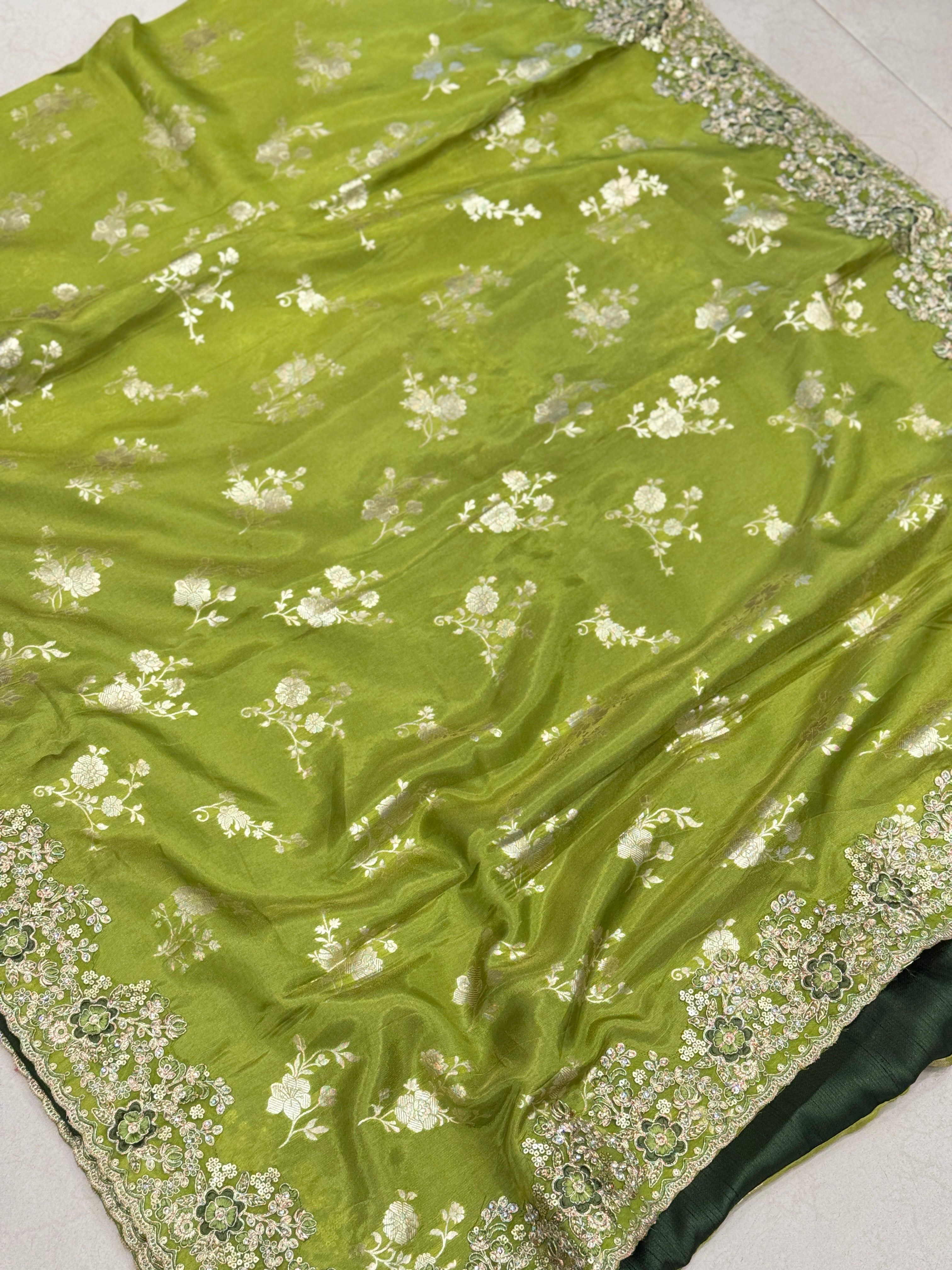 Green Crepe Tissue Embroidery Saree