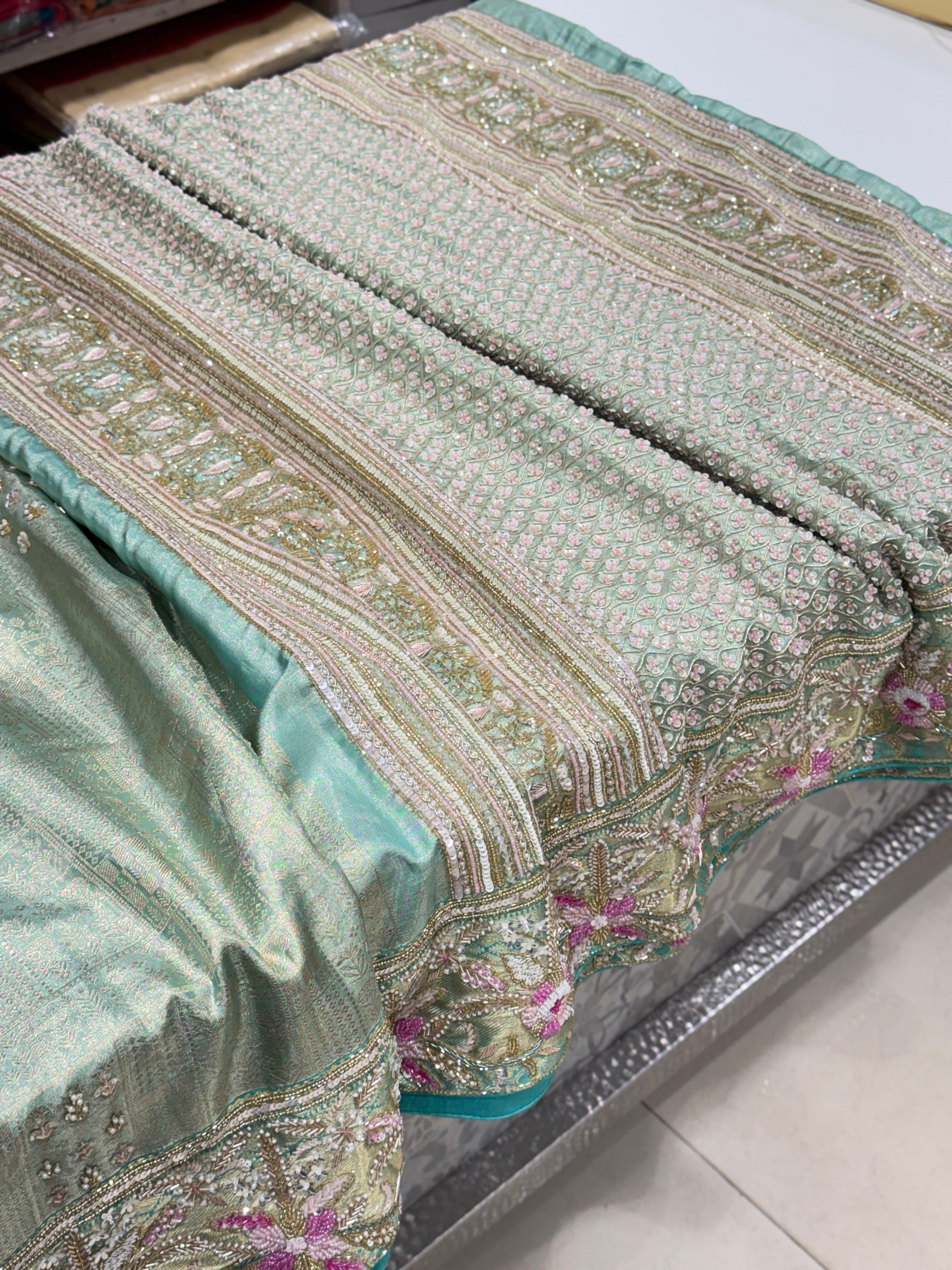Green Tissue Kanjivaram with Moti Zardosi Hand Embroidery Saree