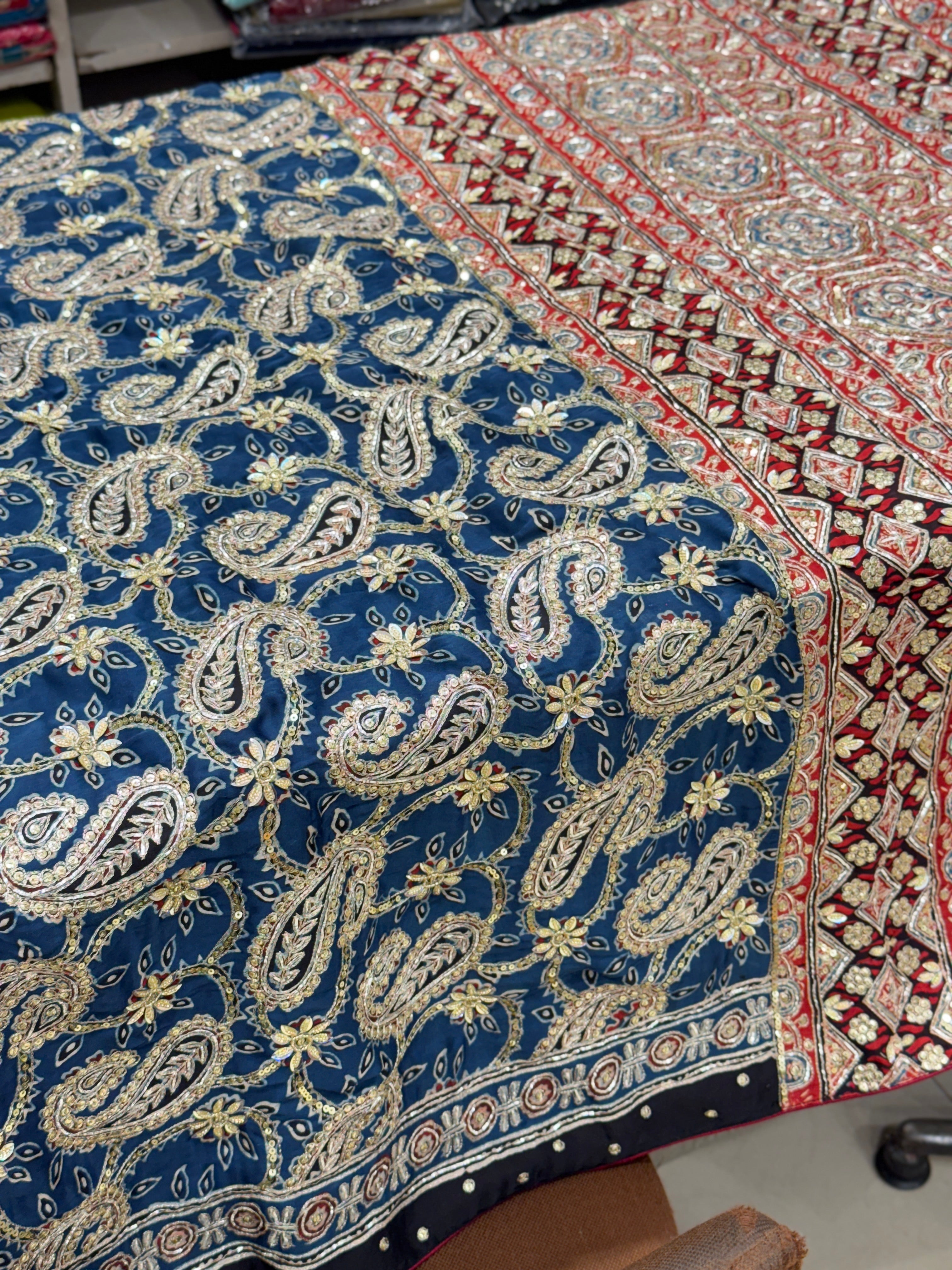 Ajrakh Blue Red Pallu Jaal Hand Embroidery Zardosi and Pita Work