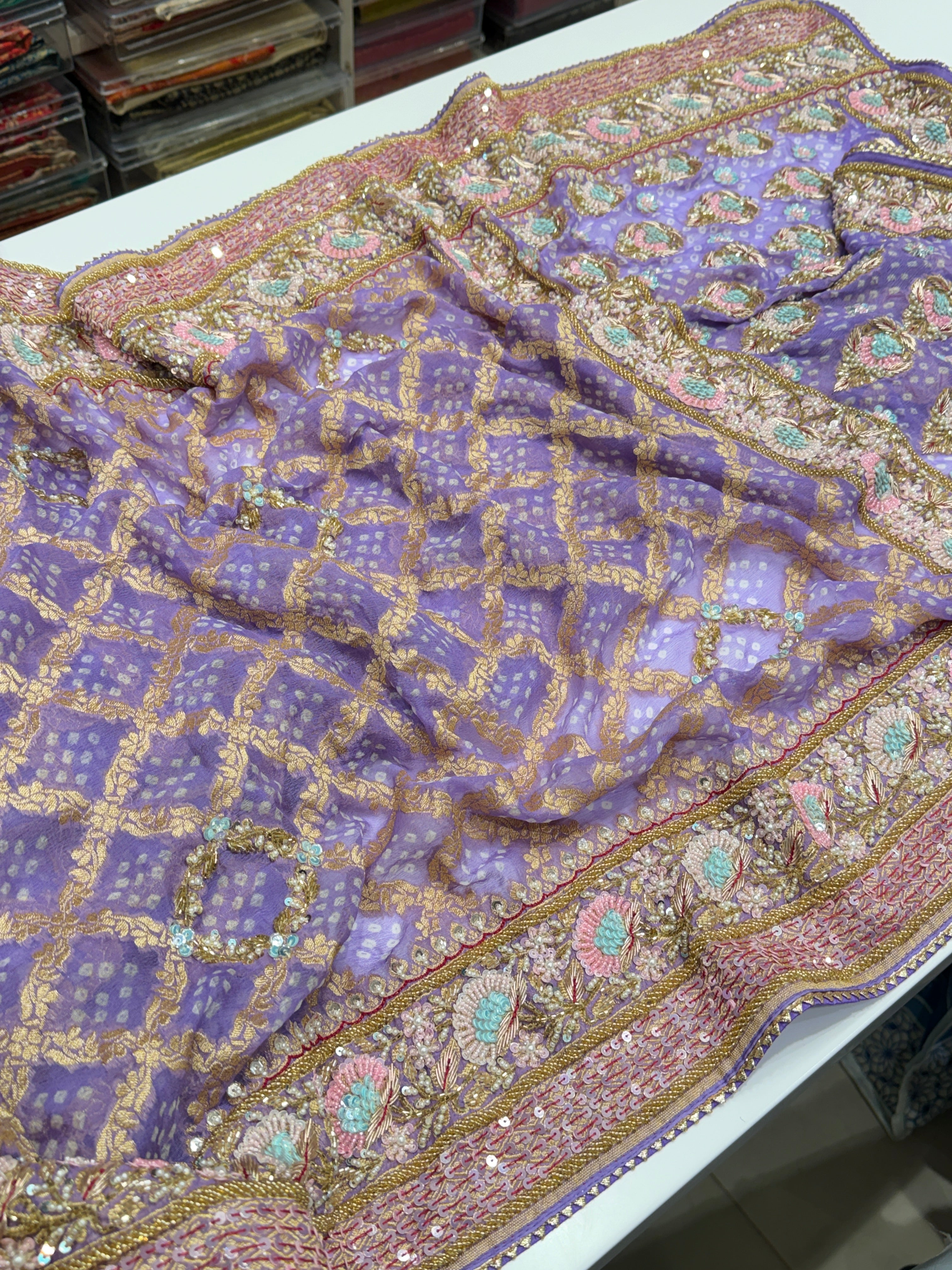Pastel Lilac Bandhej Hand Embroidery Moti Zardosi Saree