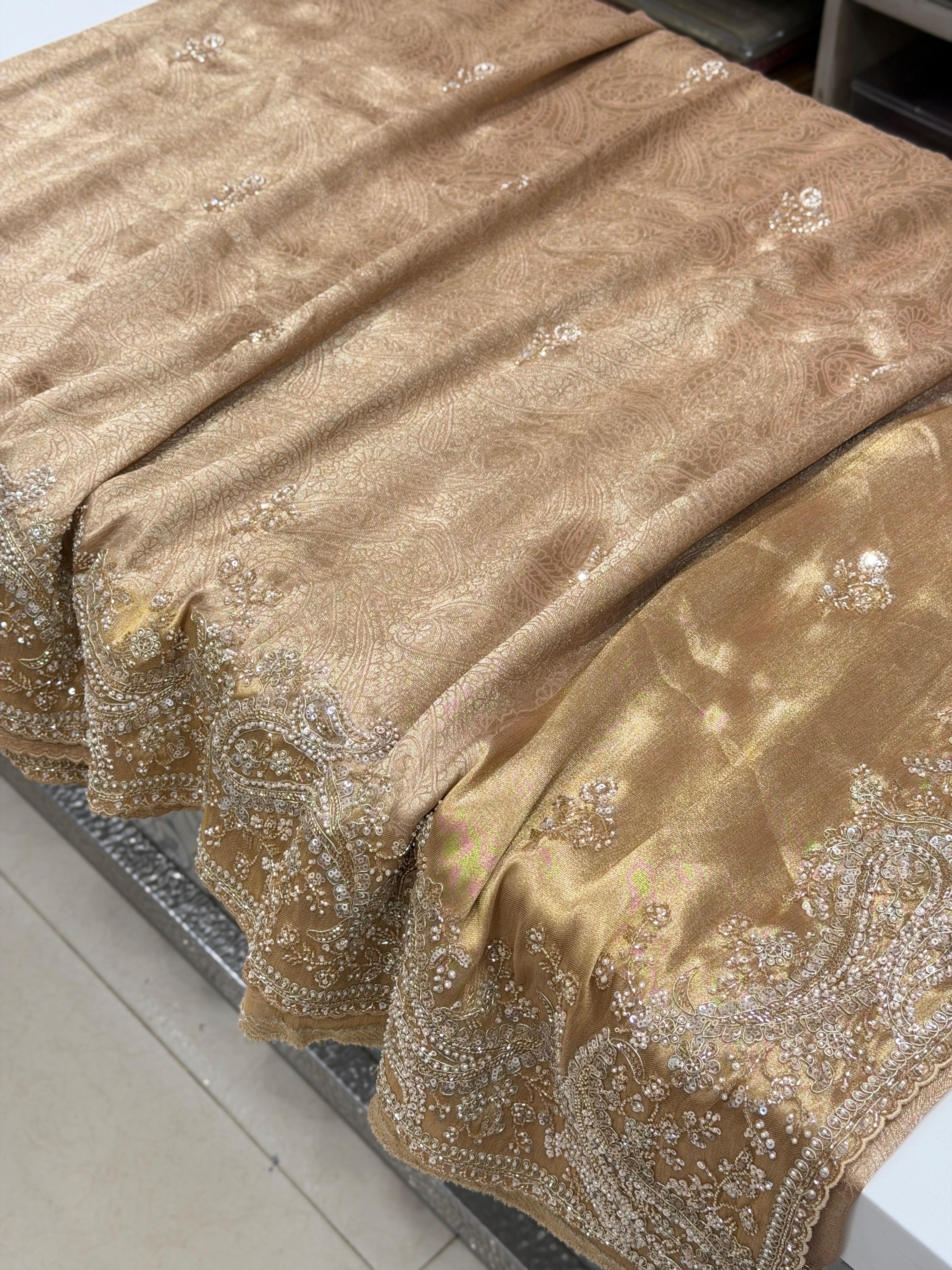 Nude Peach Floral Weave Soft Silk Moti Crystal Embroidery Saree