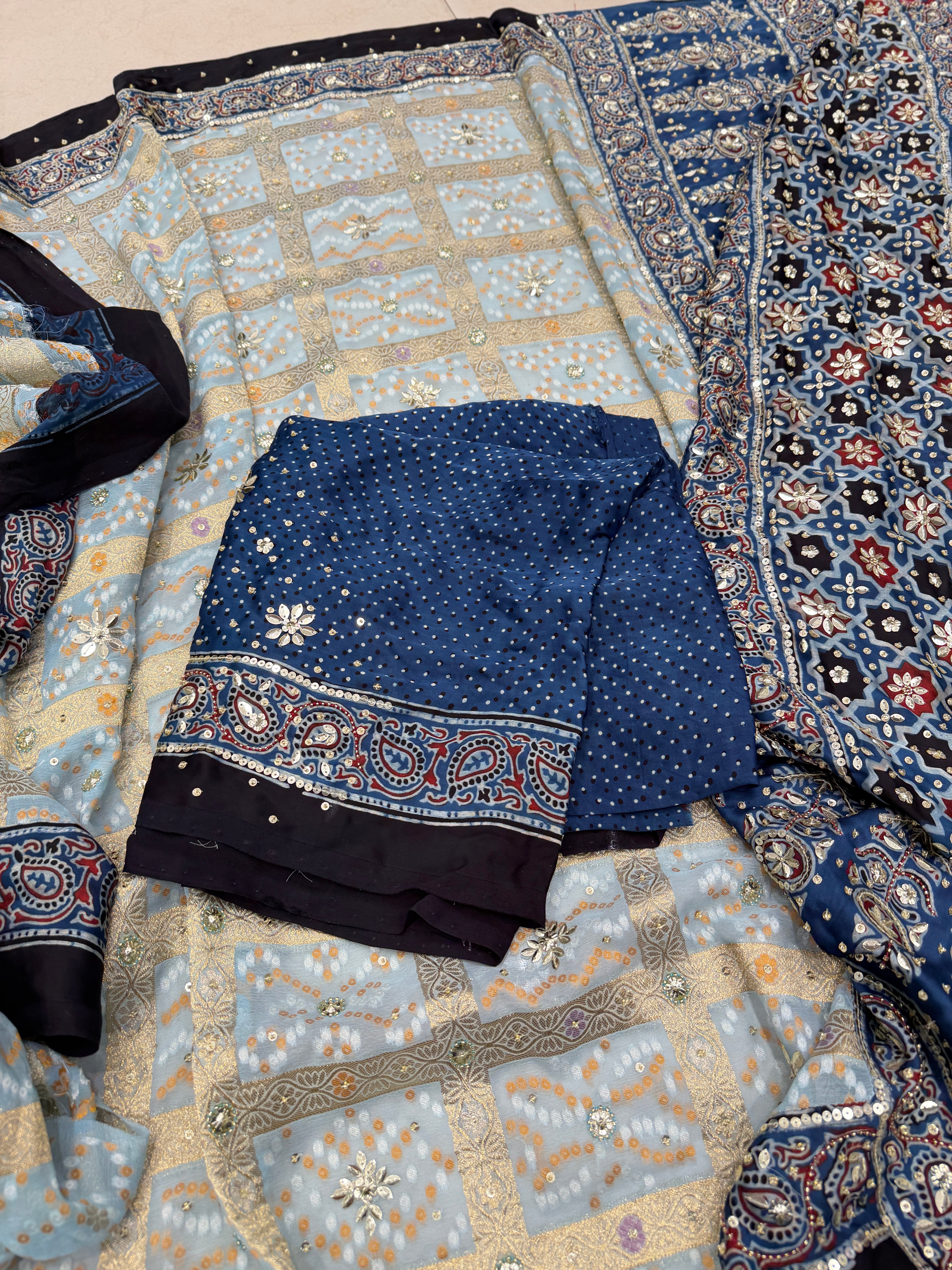 Light Blue Gharchola Ajrakh Hand Embroidery Saree