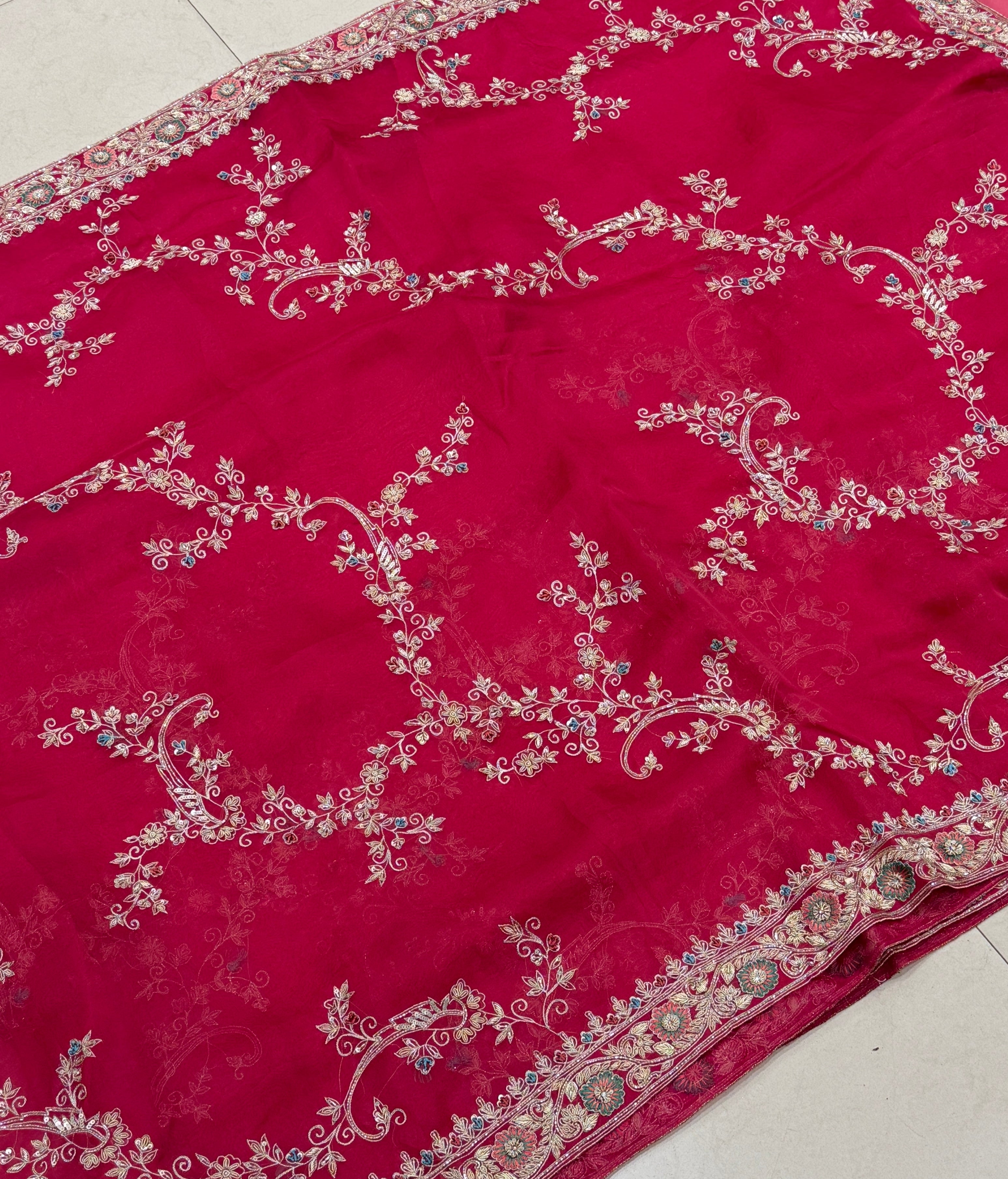 Rani Pink Organza Resham Zardosi Hand Embroidery Saree