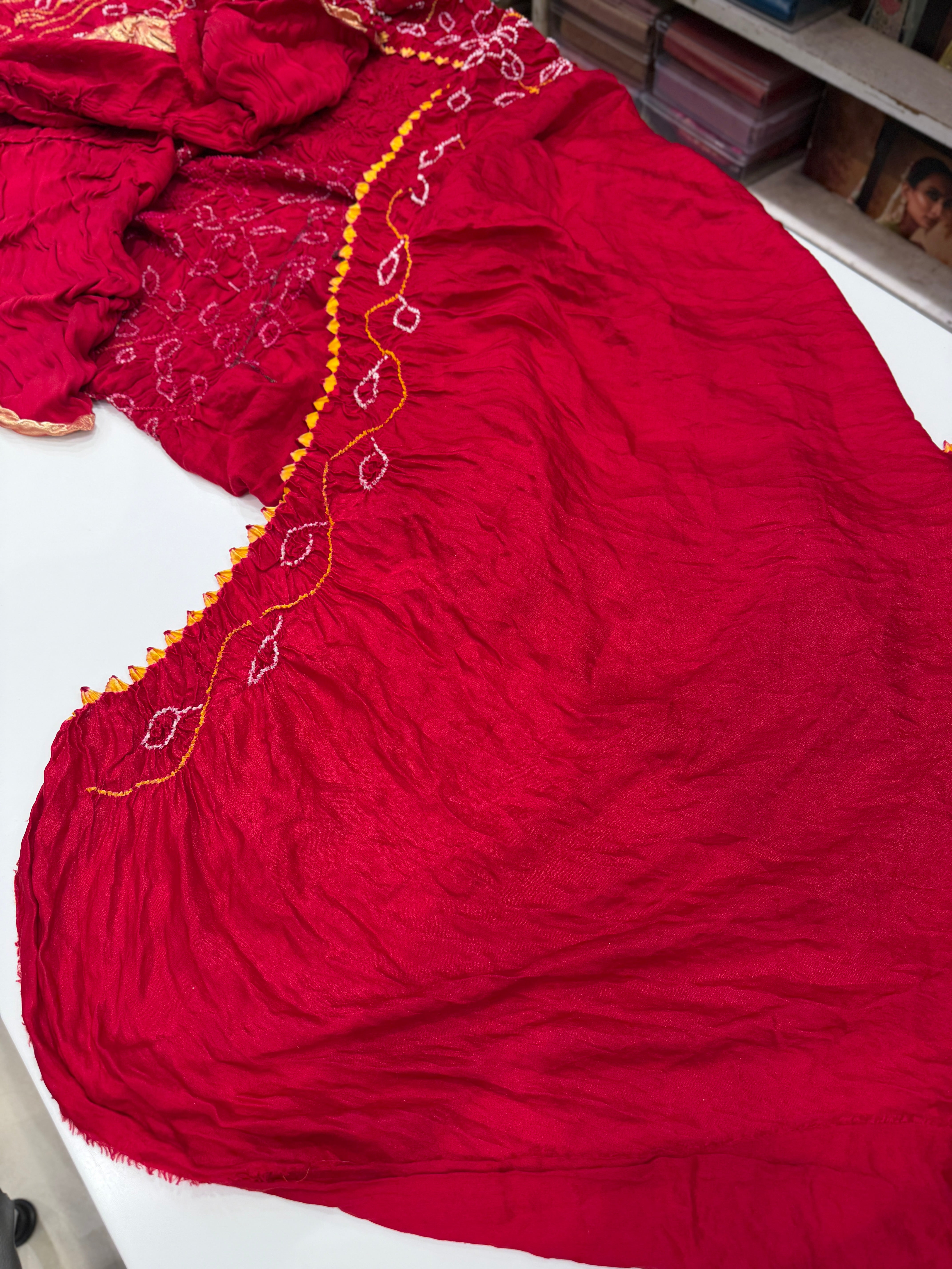 Red Pure Gajji Silk Rai Bandhej Ambadal Hand Done Saree