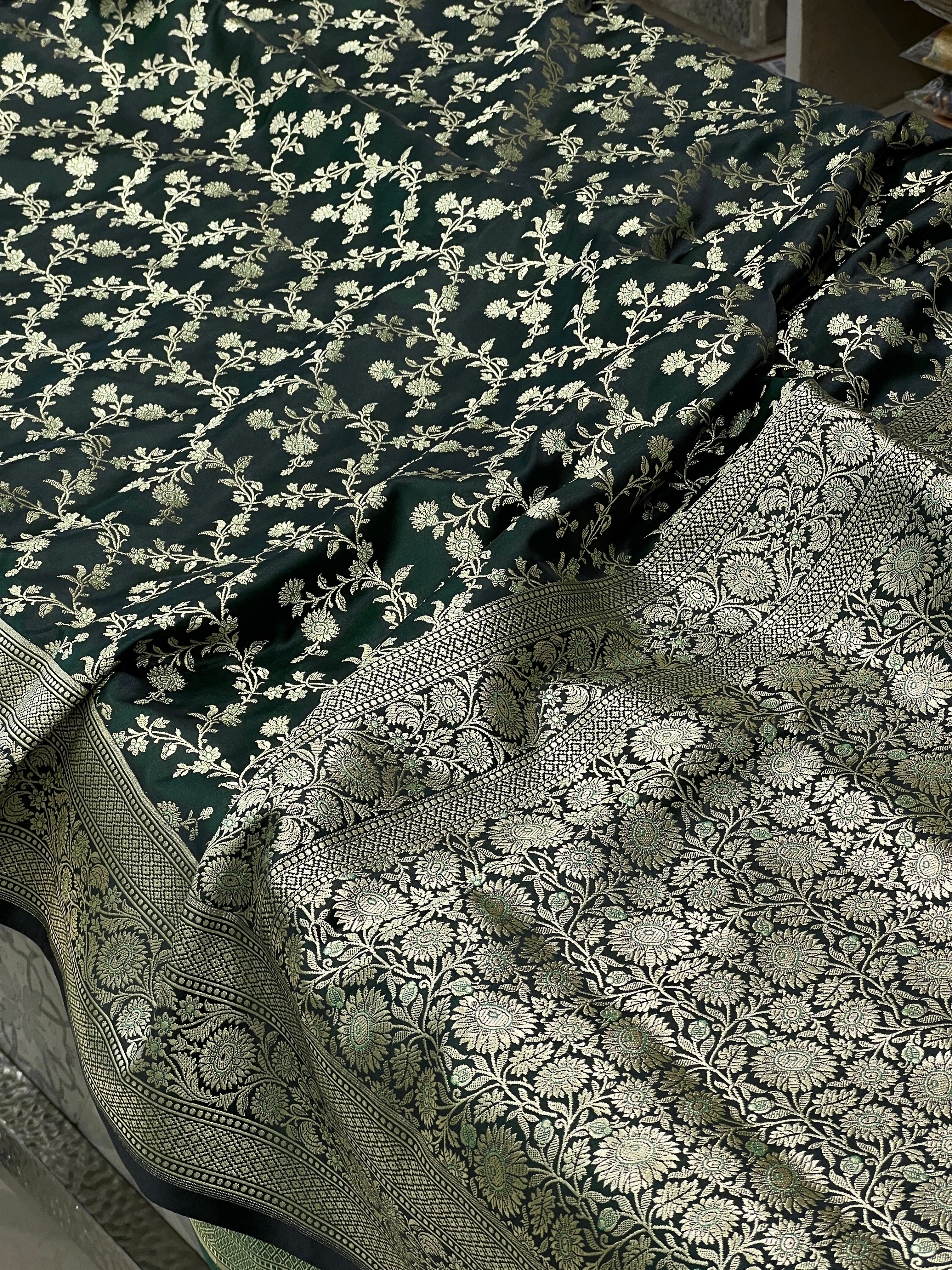 Bottle Green Banarasi Silk Flower Jaal