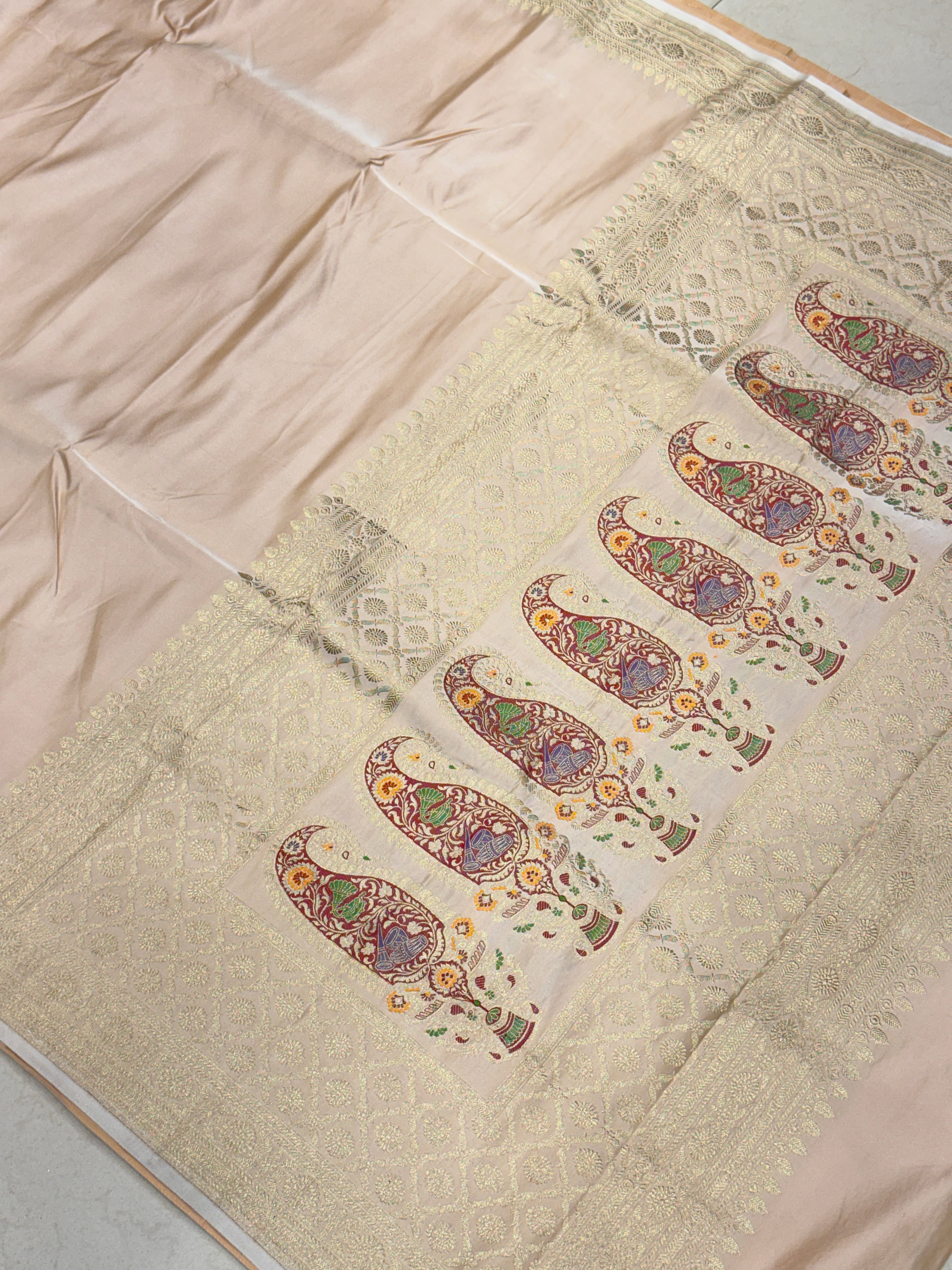Beige Banarasi Silk Plain Body Meena Pallu Saree