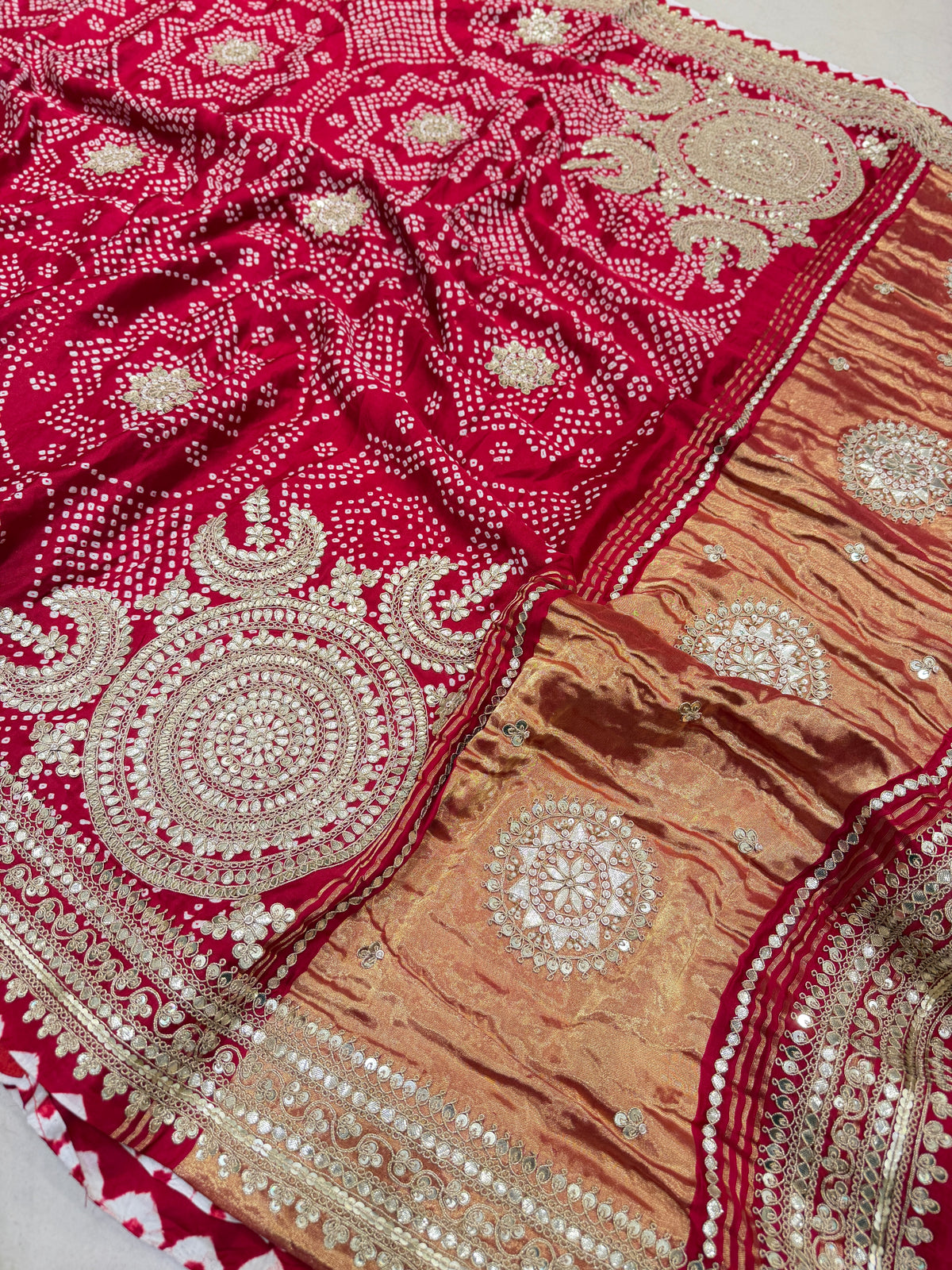 Red Gajji Silk Bandhej Gotapatti Marodi Hand Embroidery Saree