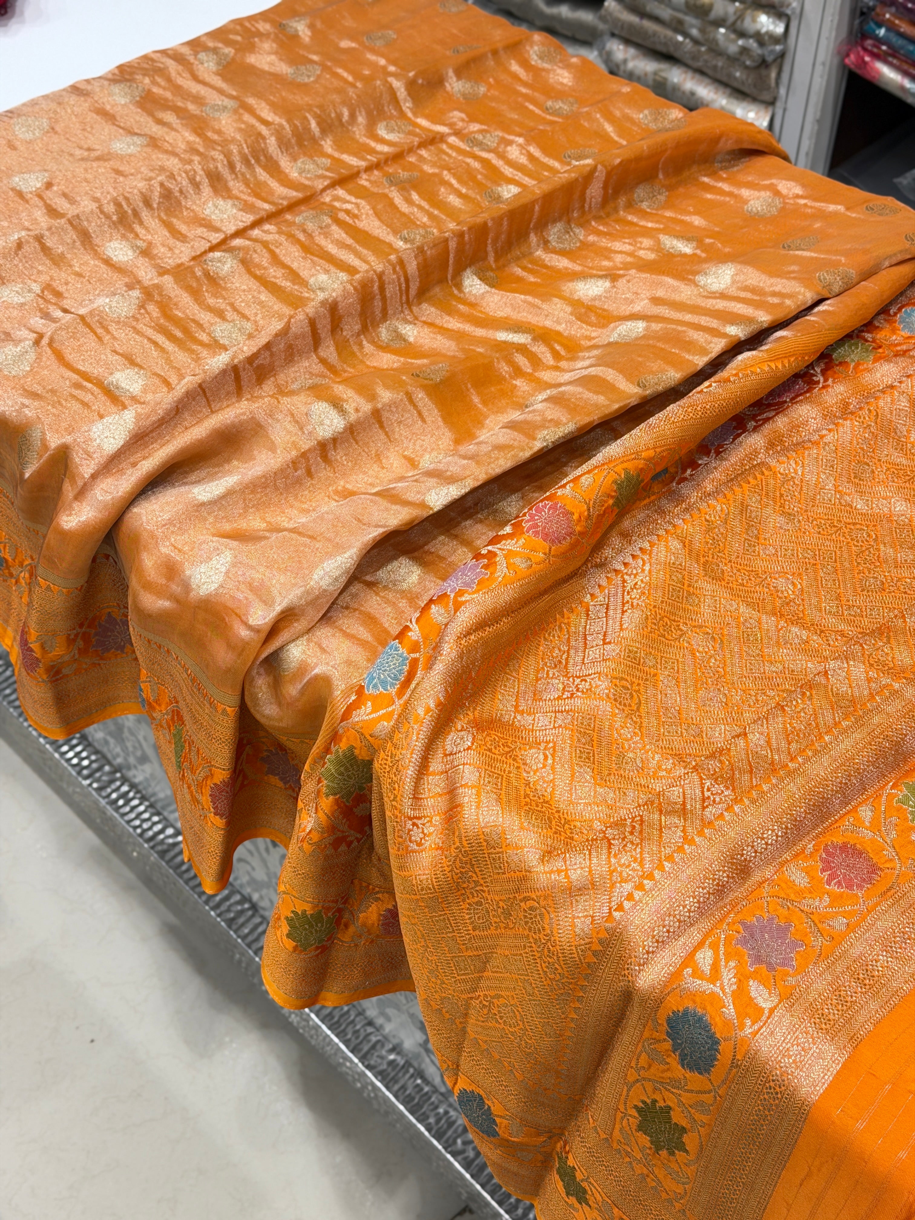 Rust Orange Banarasi Tissue Meenakari Satin Weaved Border Saree