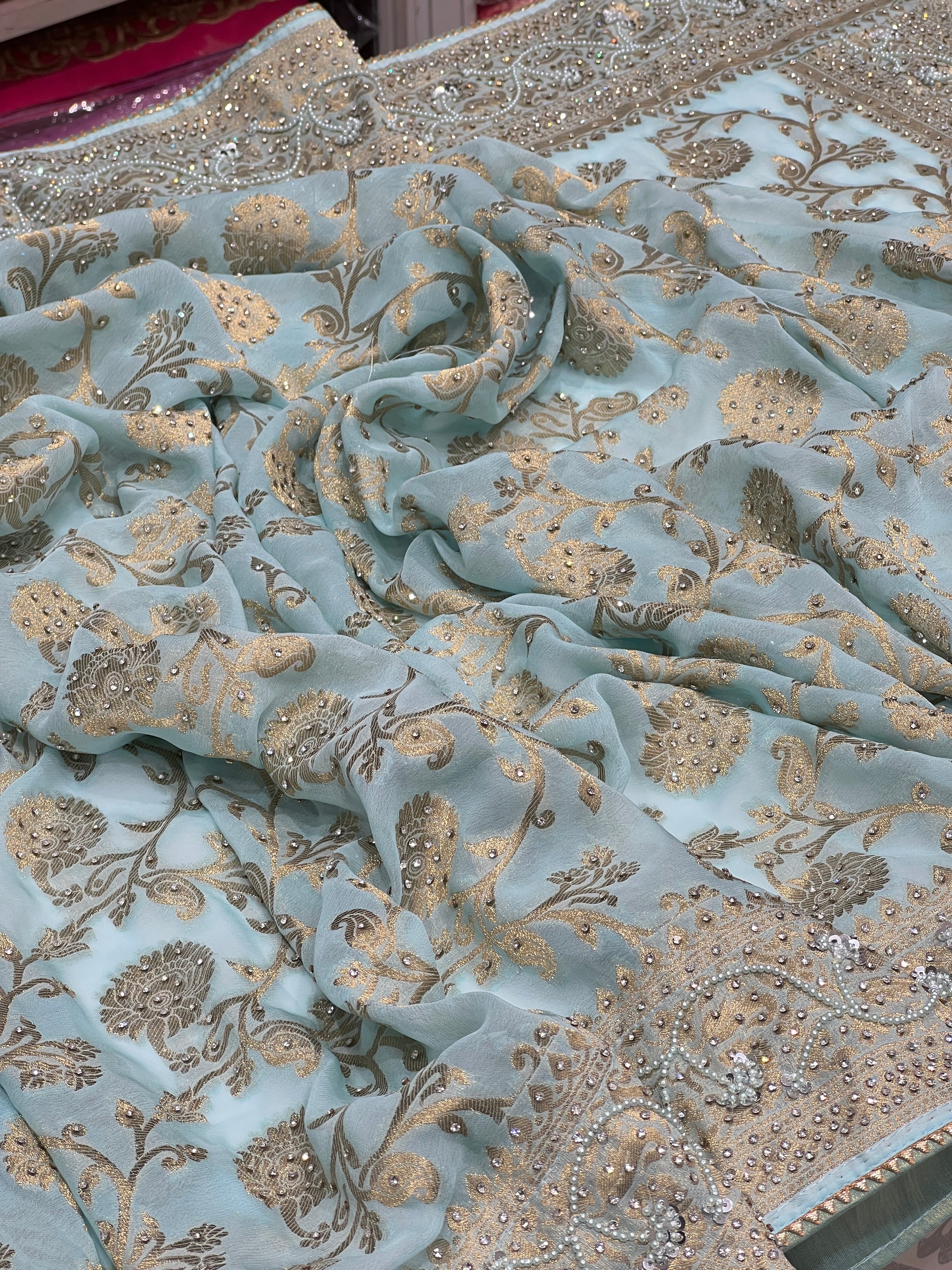 Blue Baghban Banarasi Georgette Jaal Hand Embroidery Saree