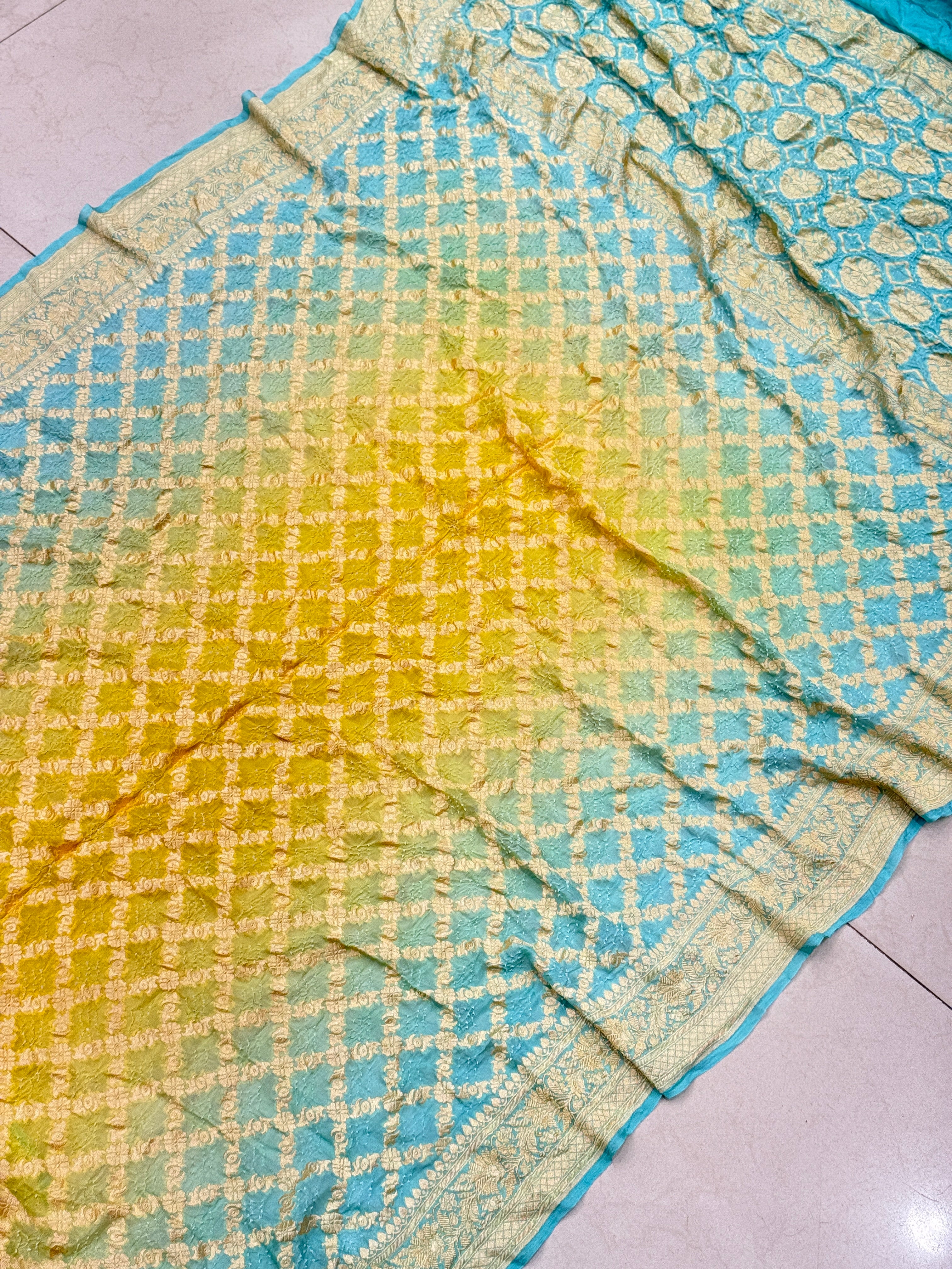 Blue Yellow Shaded Floral Border Bandhej Bandhini Saree