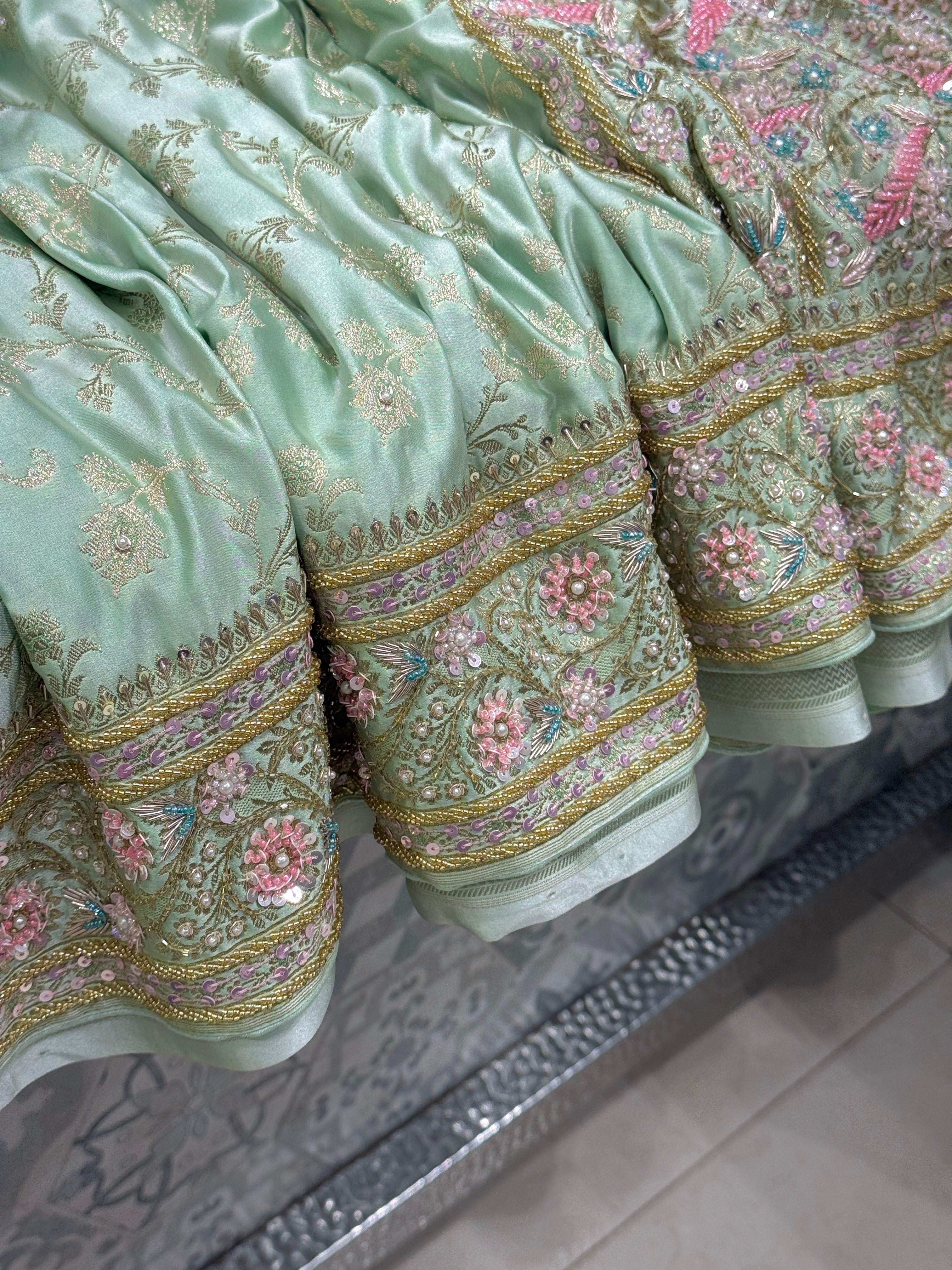 Green Banarasi Upside Down Border Fancy Hand Embroidery Saree