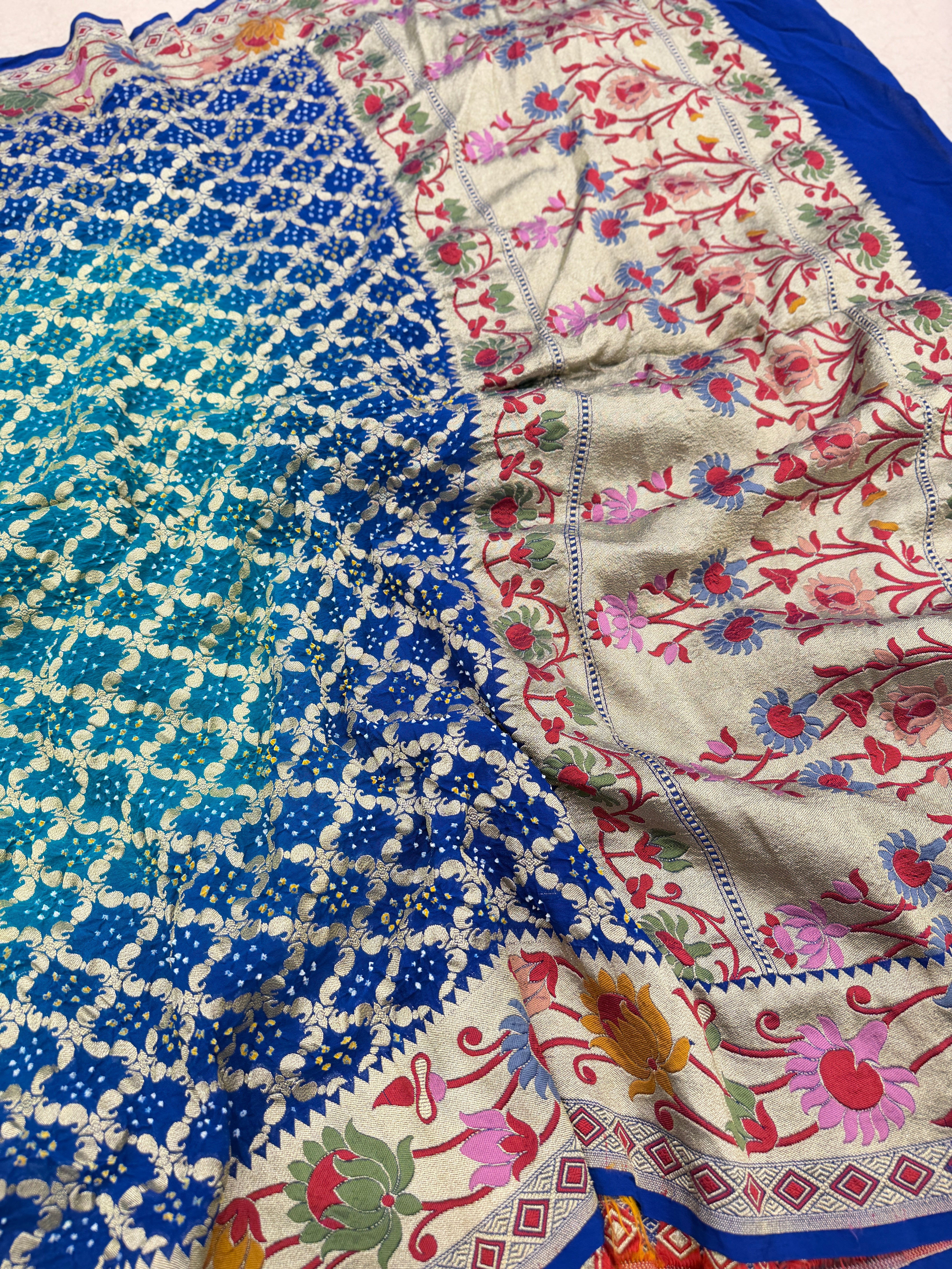 Shaded Blue Meenakari Paithani Style Pure Handloom Georgette Bandhej Saree