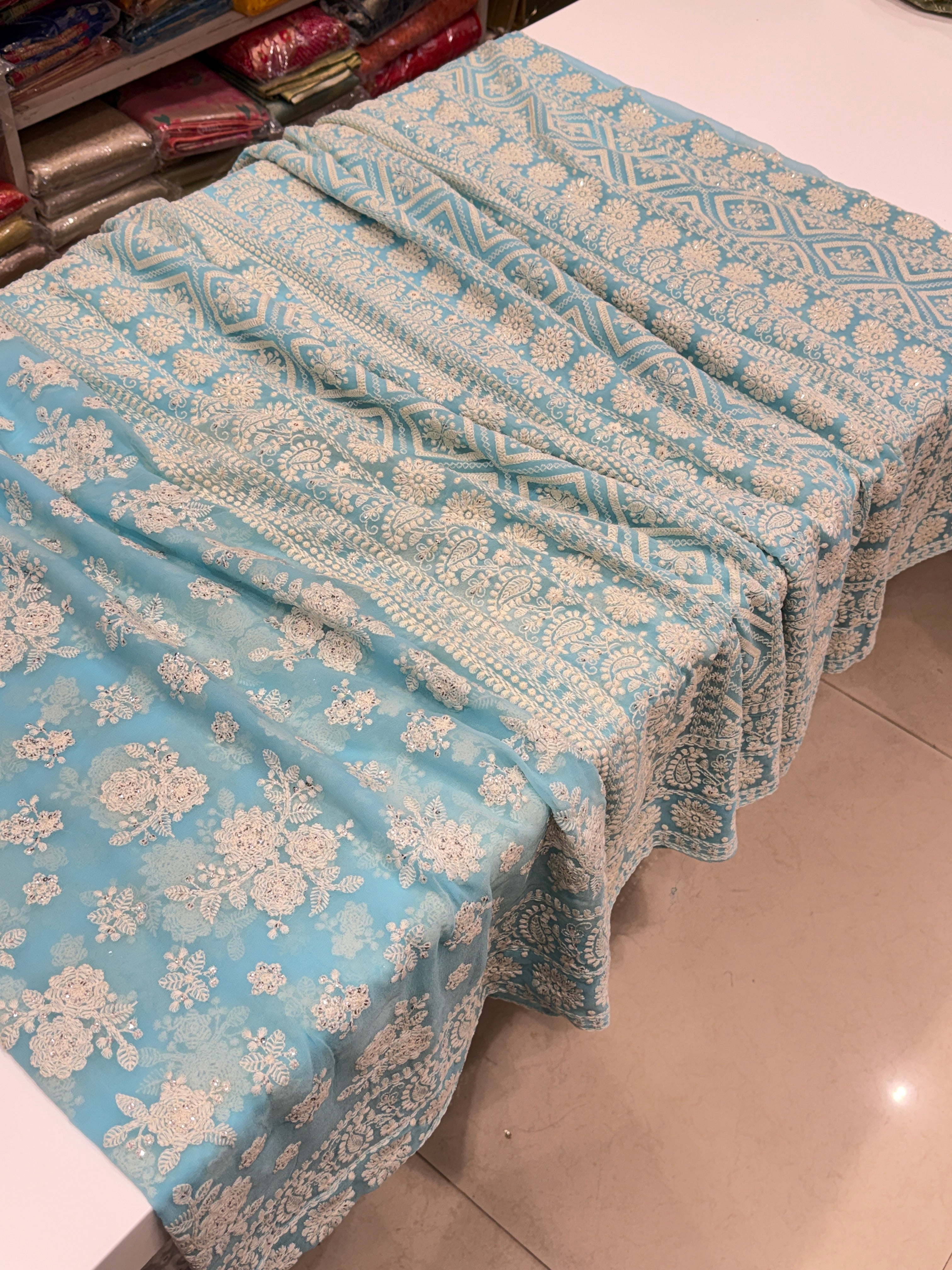 Light Blue Chikankari Georgette Resham Butta Saree
