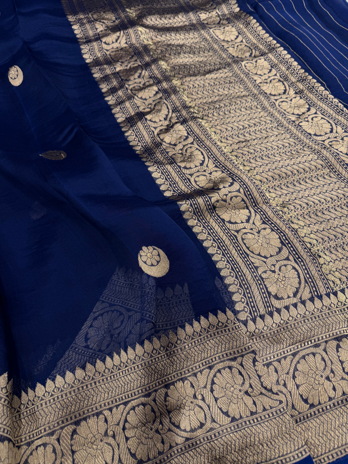 Blue Chand Buttis Handloom Banarasi Kora Silk Saree