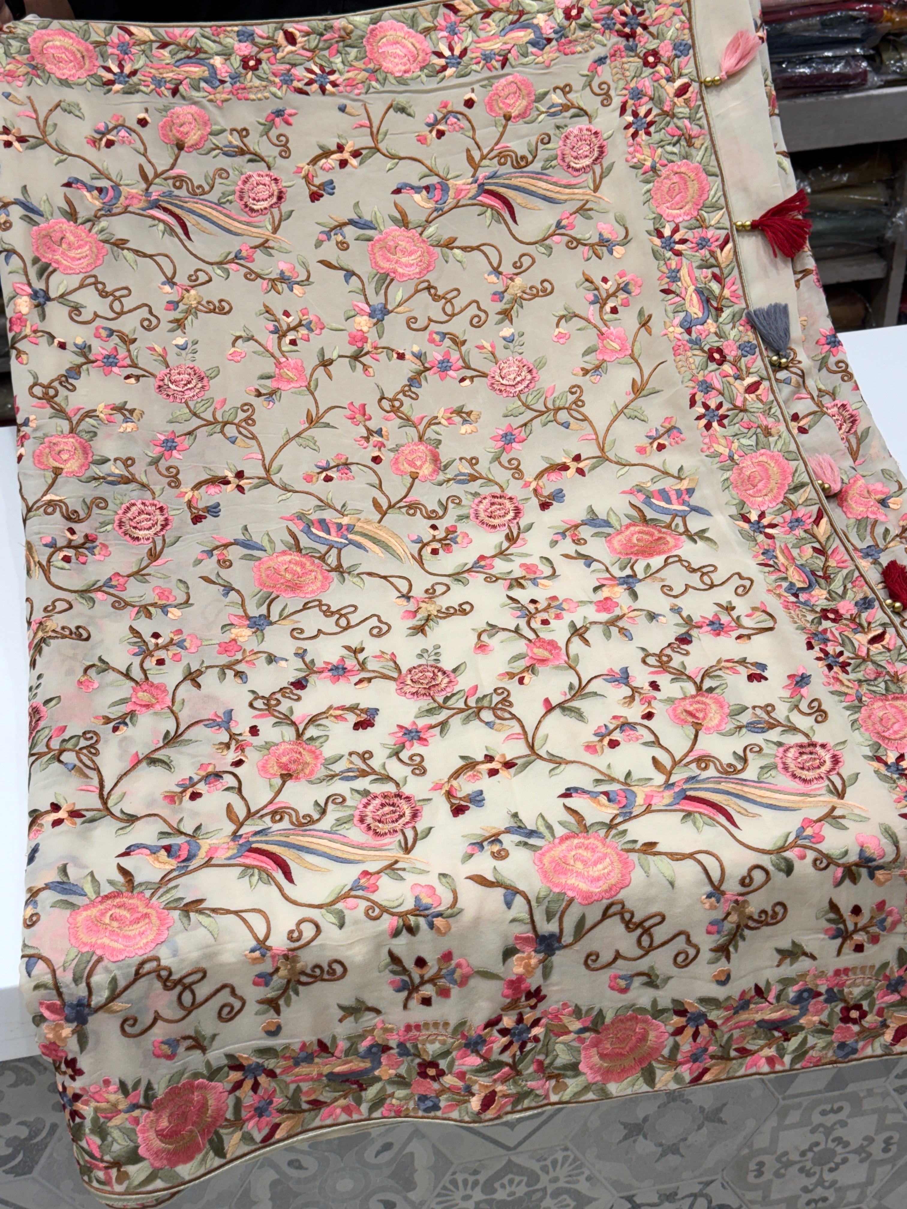 White Georgette Multi Colour Jaal Flamingo Parsi Gara Saree