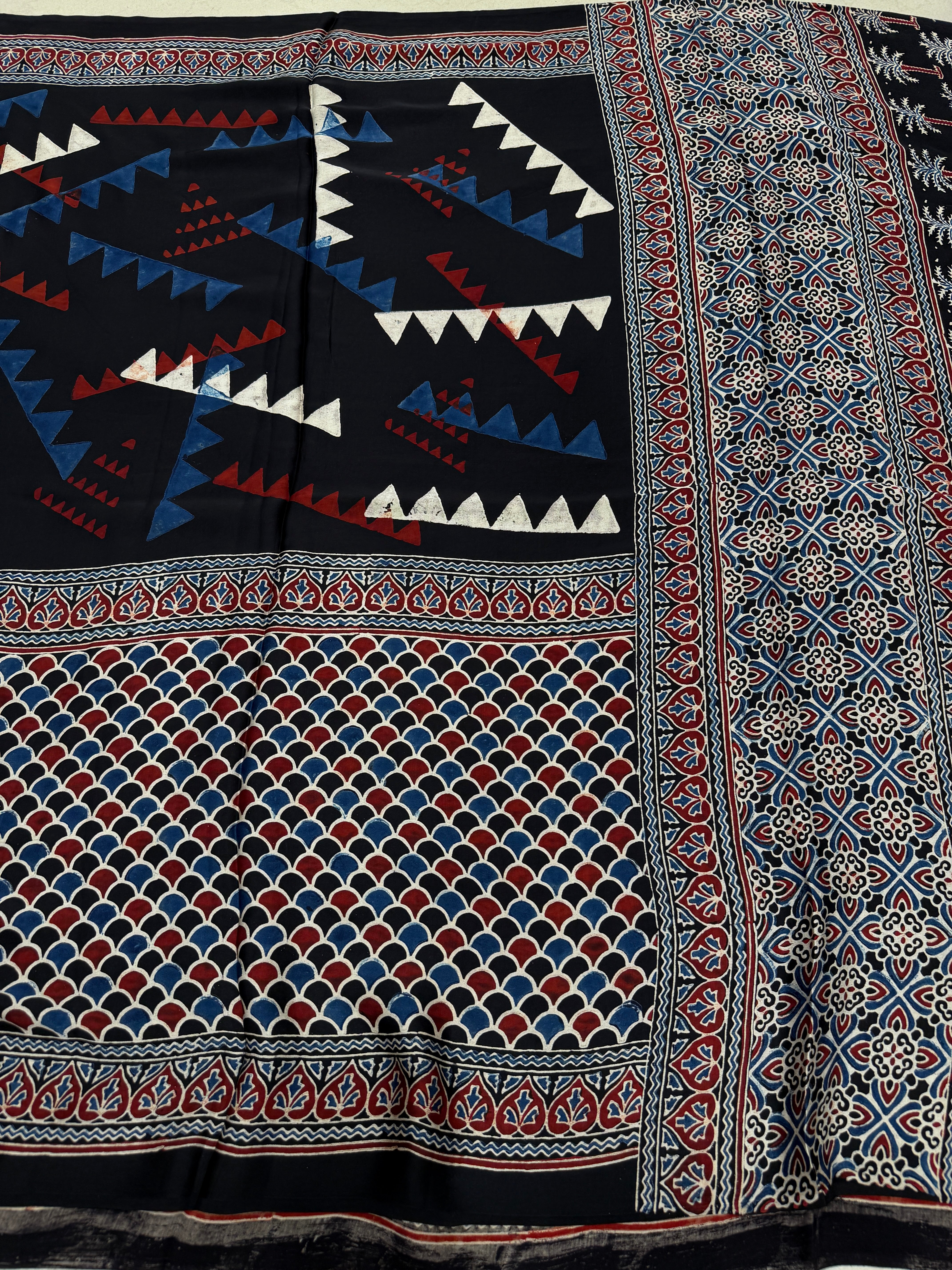 Black Contemporary Ajrakh Block Print Hand Pure Gajji Silk Saree