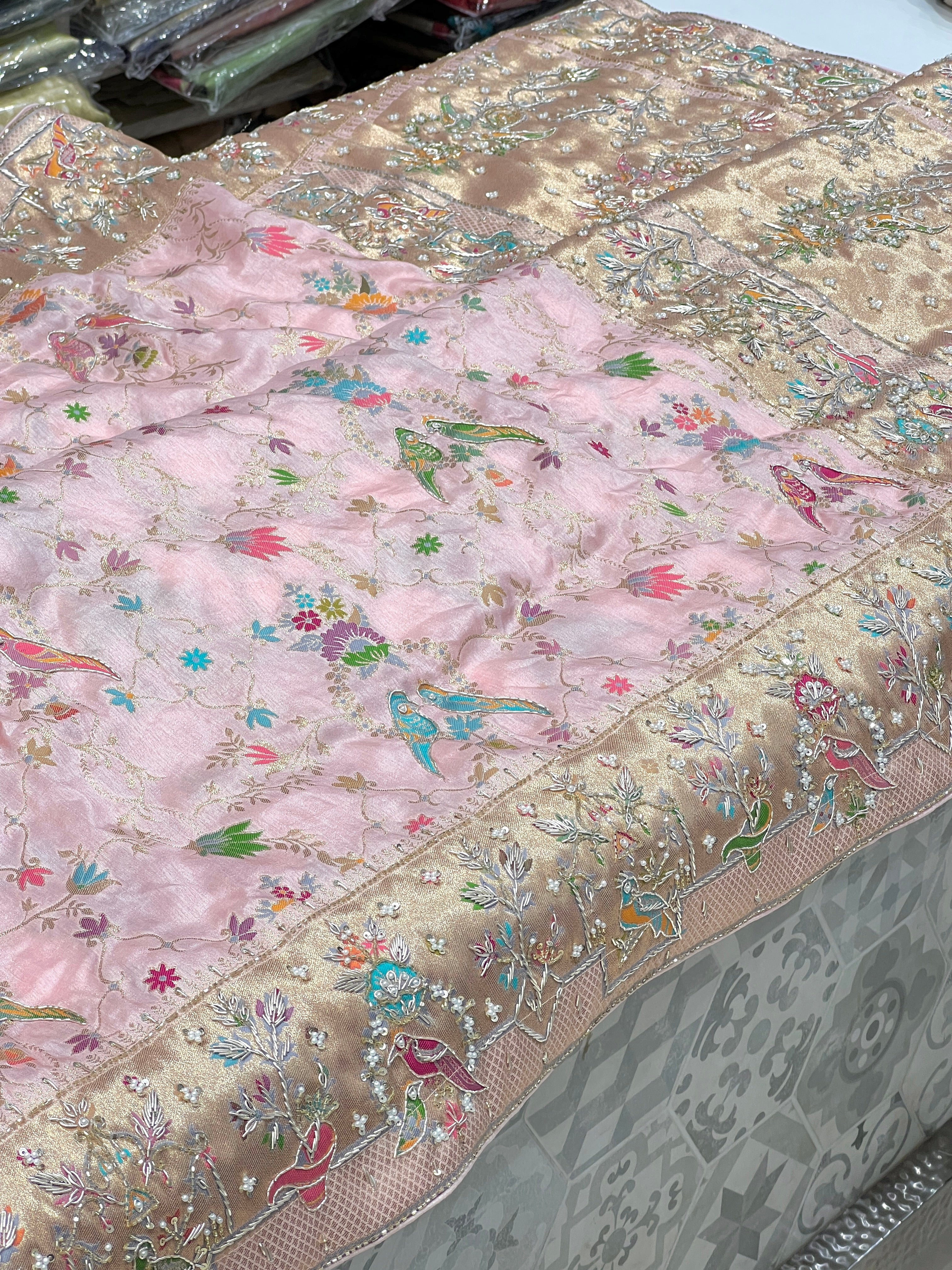 Pink Banarasi Munga Shikara Zardozi Hand Embroidery Saree