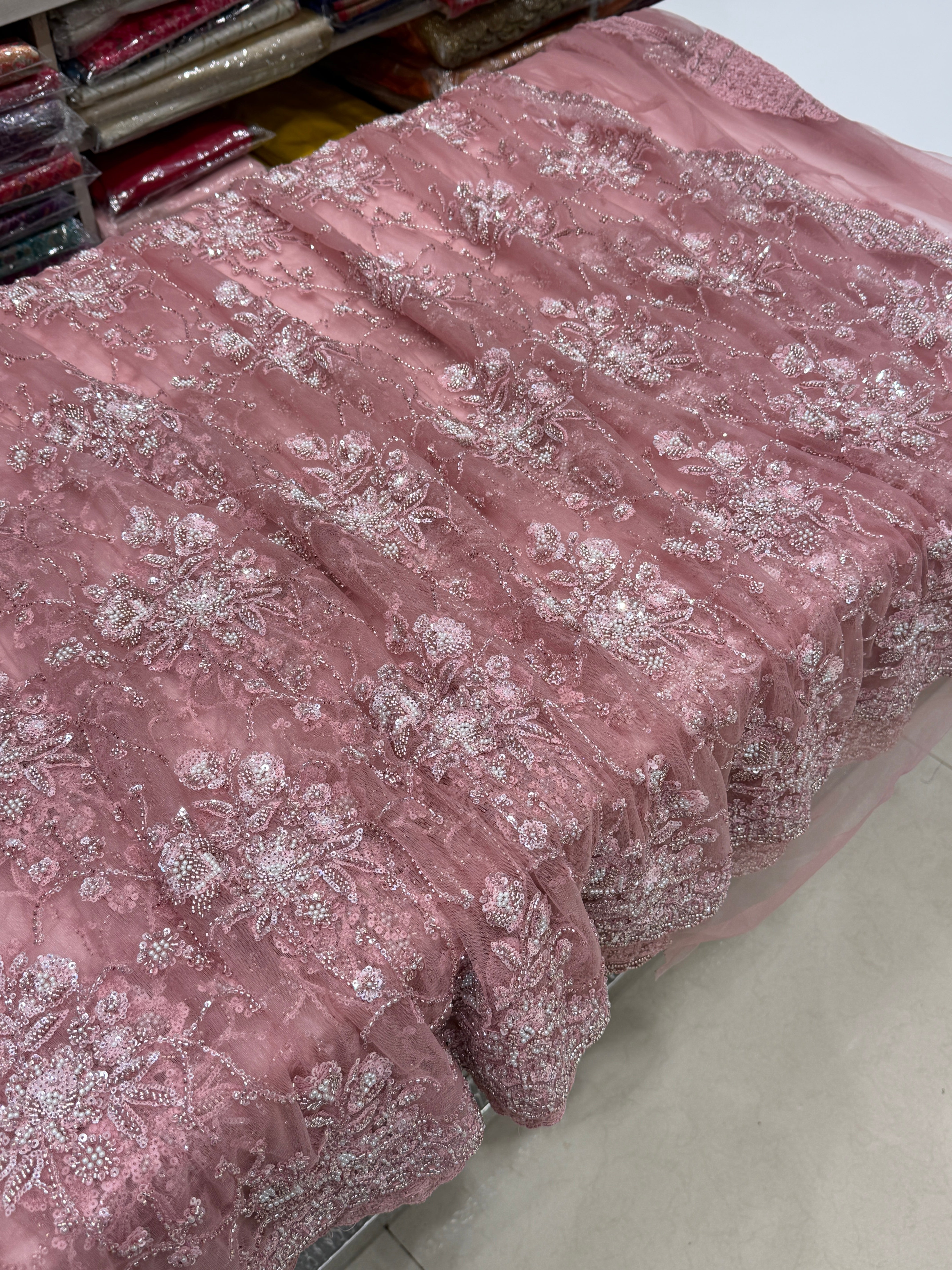 Pink Moti Sequin Heavy Soft Net Embroidery Saree