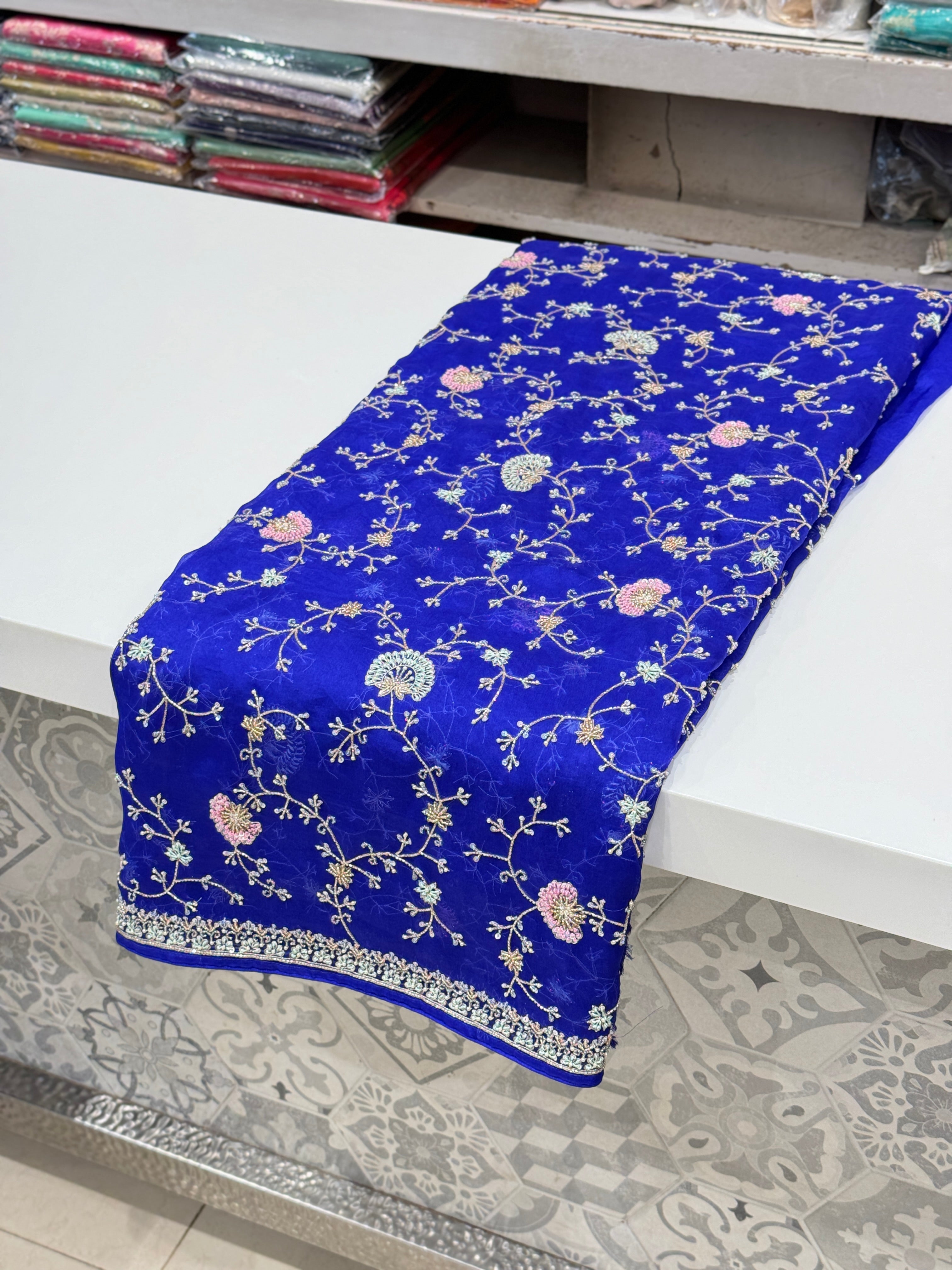 Royal Blue Organza Hand Embroidery Saree