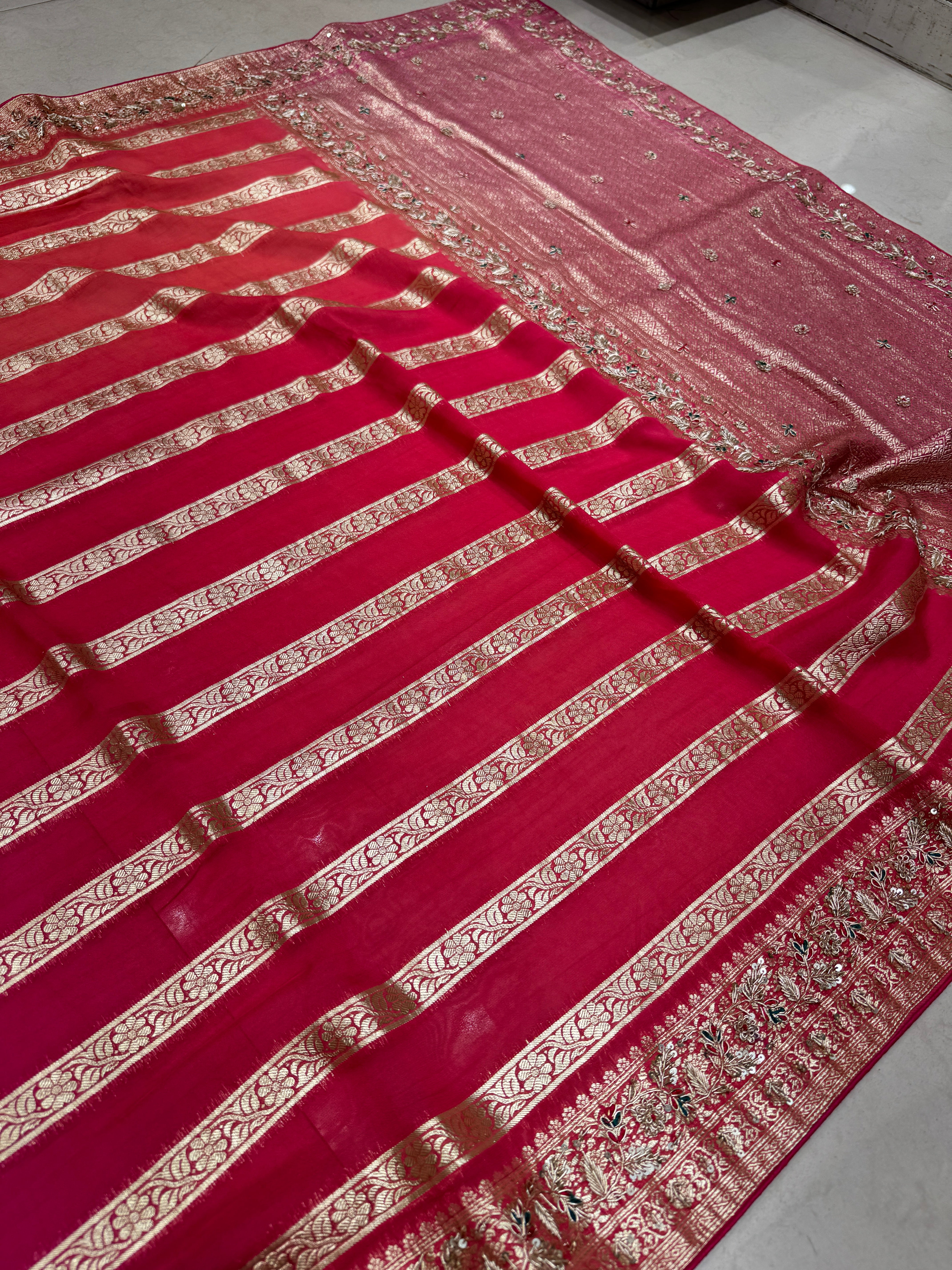 Shaded Satin Organza Zardosi Saree Leheriya Style