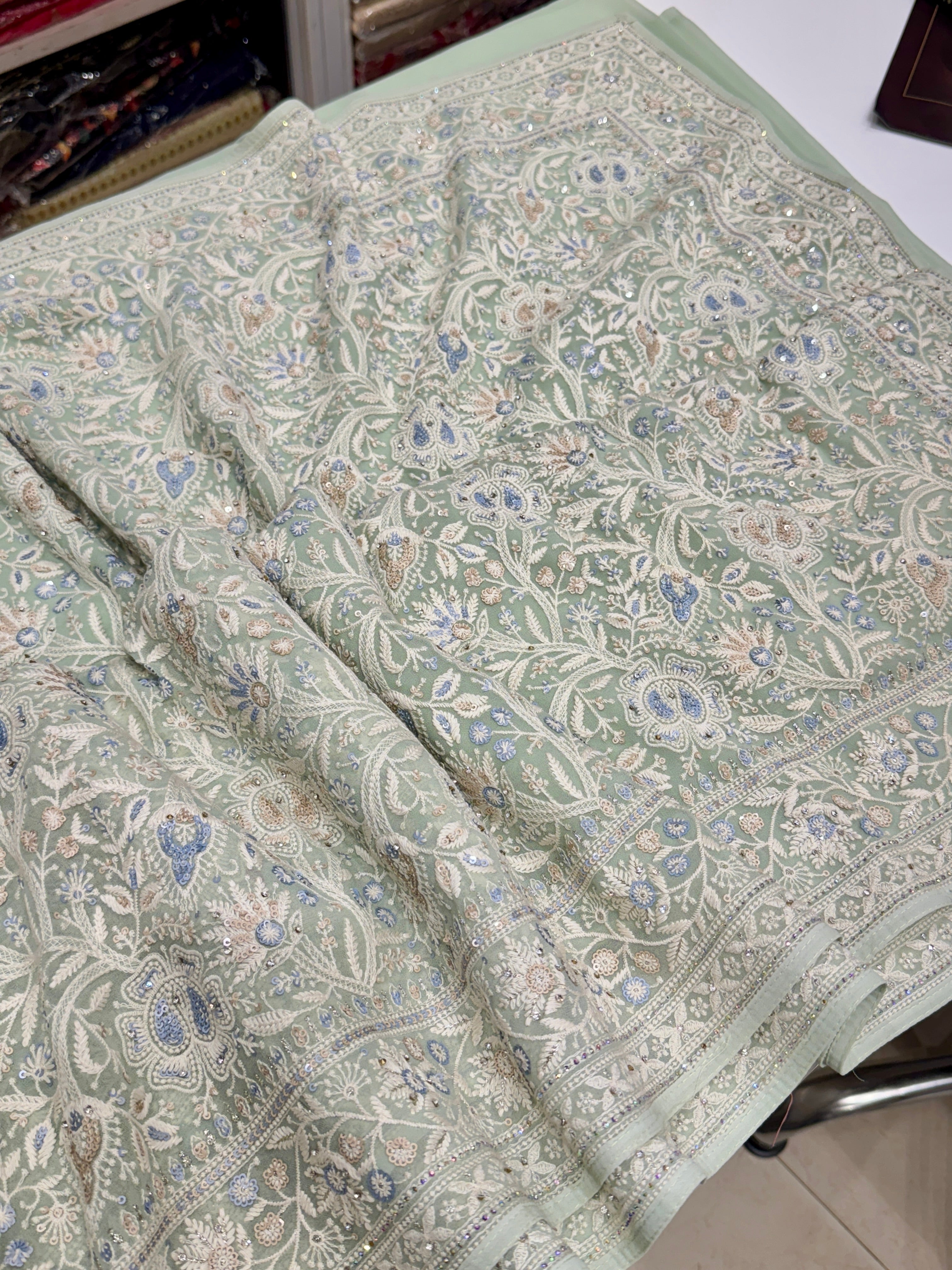 Pista Green Chikankari Saree