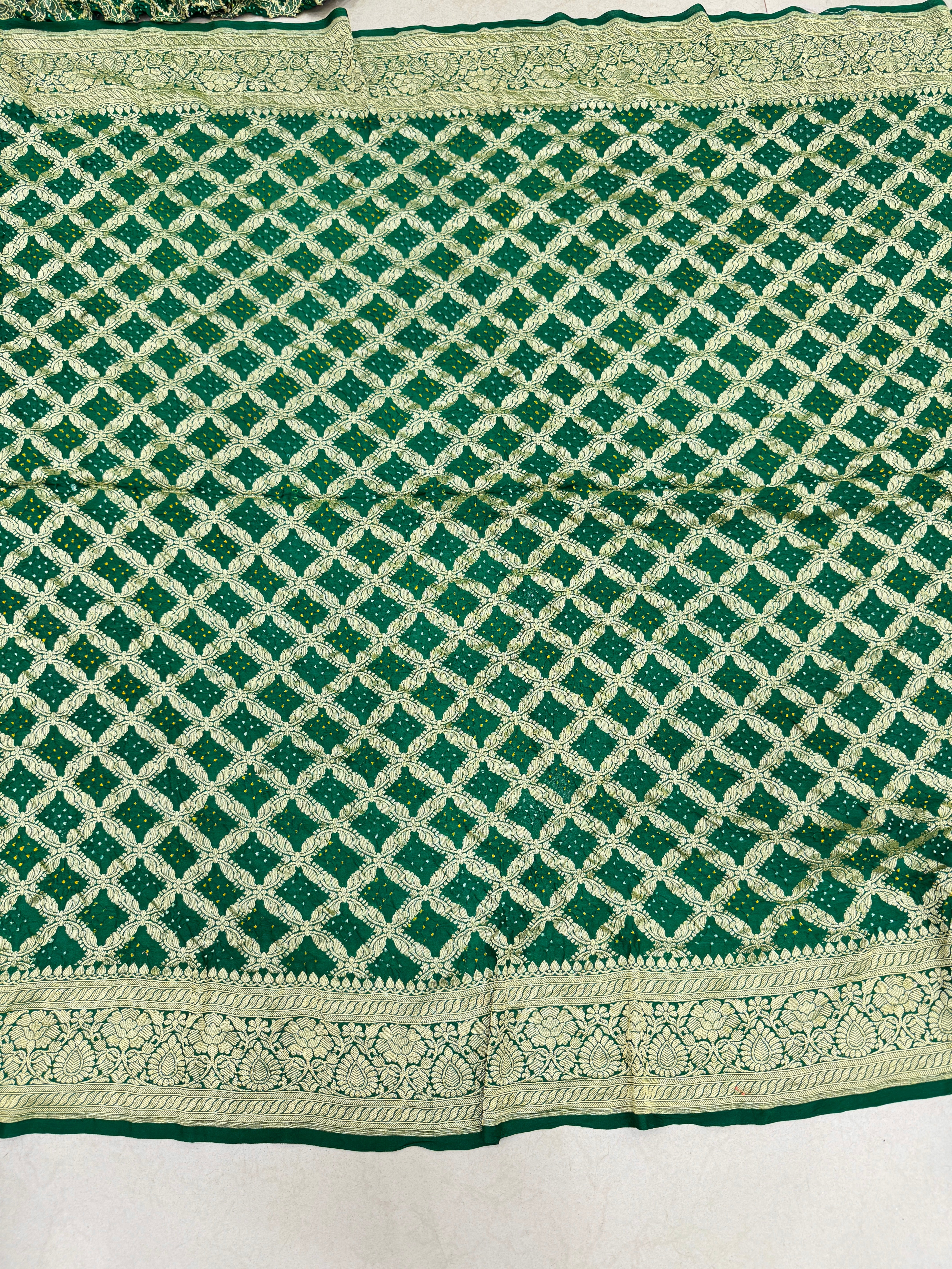 Bottle Green Leaf Border Bandhej Bandhini Saree