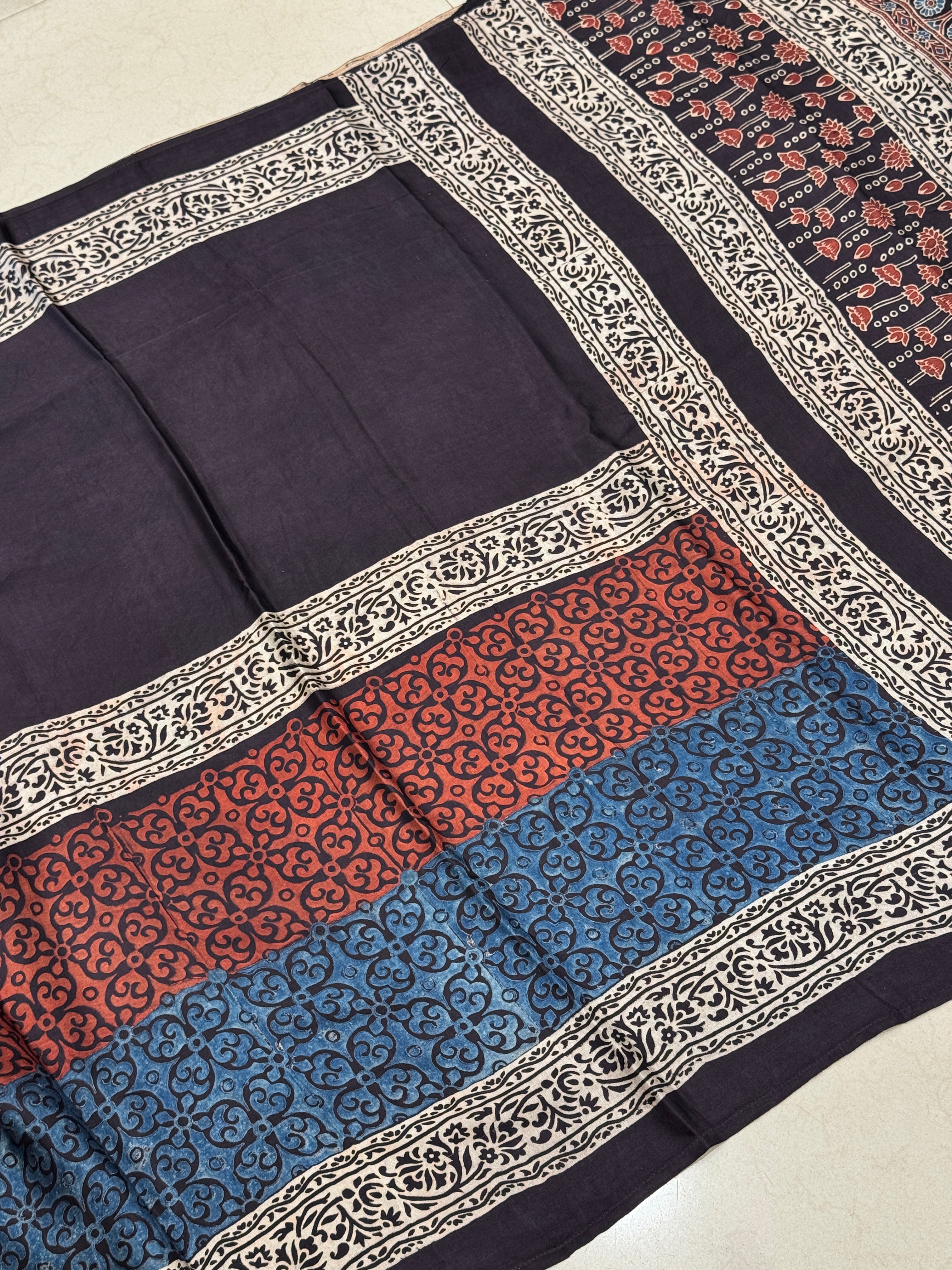 Black Multi Lagdi Patta Ajrakh Saree Modal Gajji Silk Hand Block Print