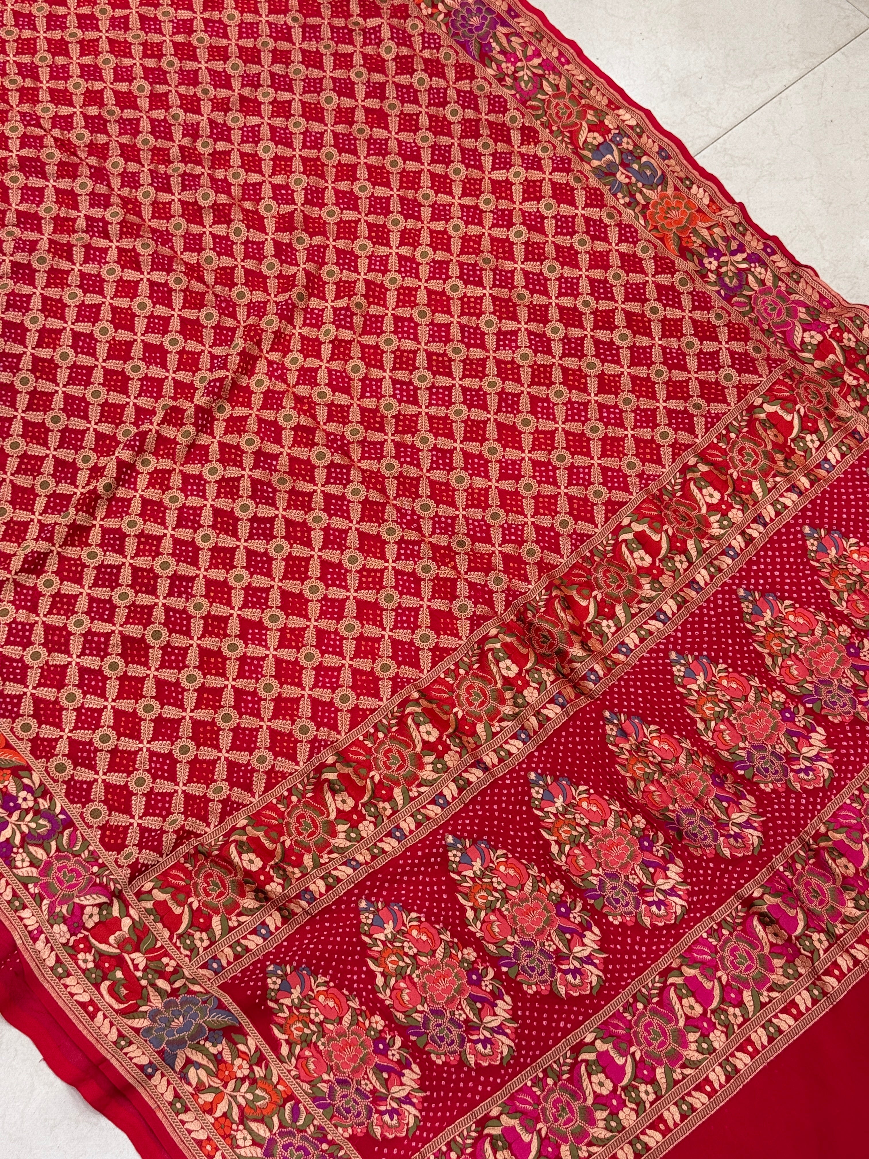 Red Meenakari Floral Rai Bandhej Georgette Bandhini Saree