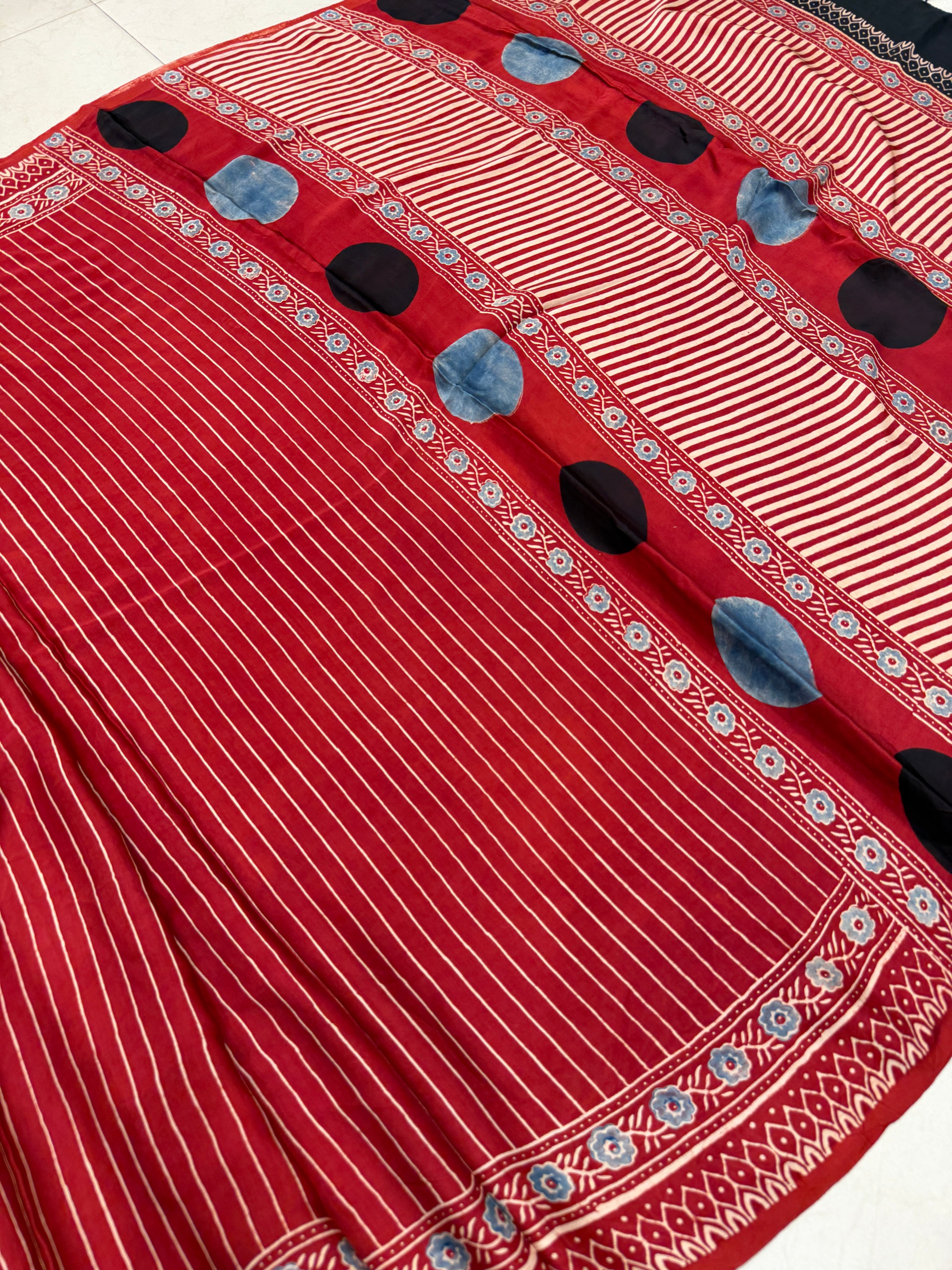 Red Contemporary Moon Pallu Ajrakh Block Print Hand Pure Gajji Silk Saree