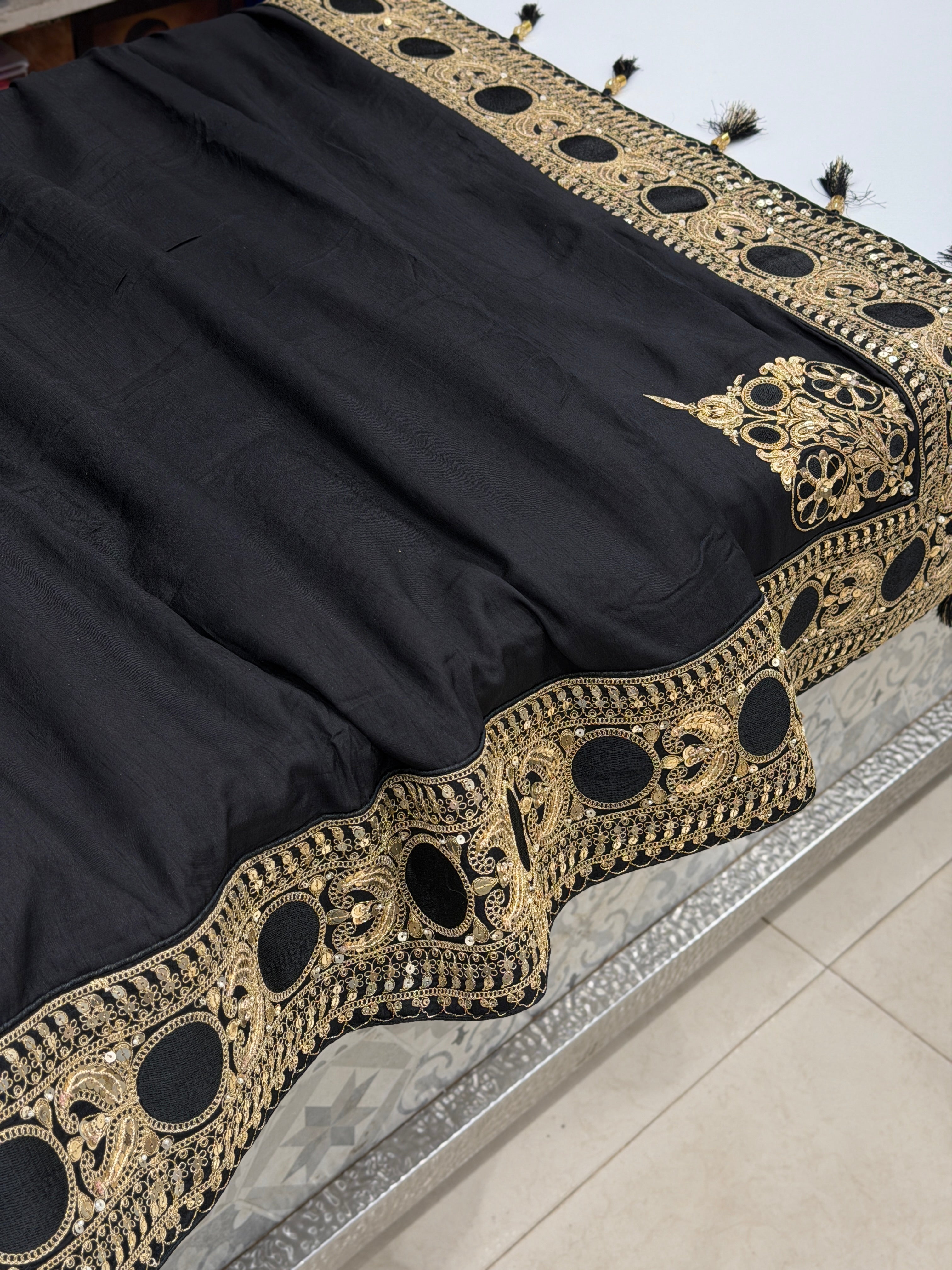 Black Sabyasachi Inspired Marodi Embroidery Pure Silk Zardosi Saree