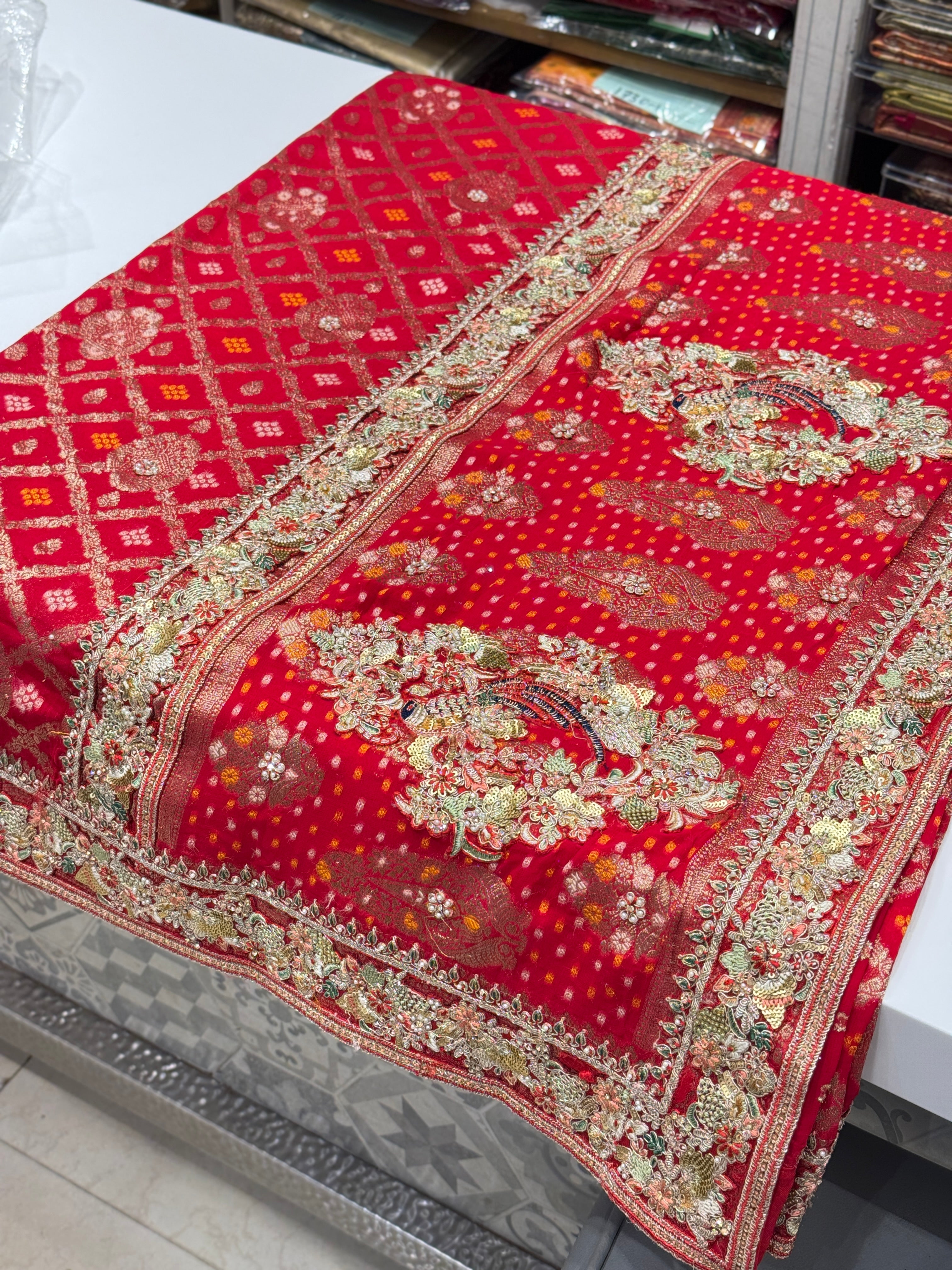 Red Gharchola Floral Embroidered Border Saree