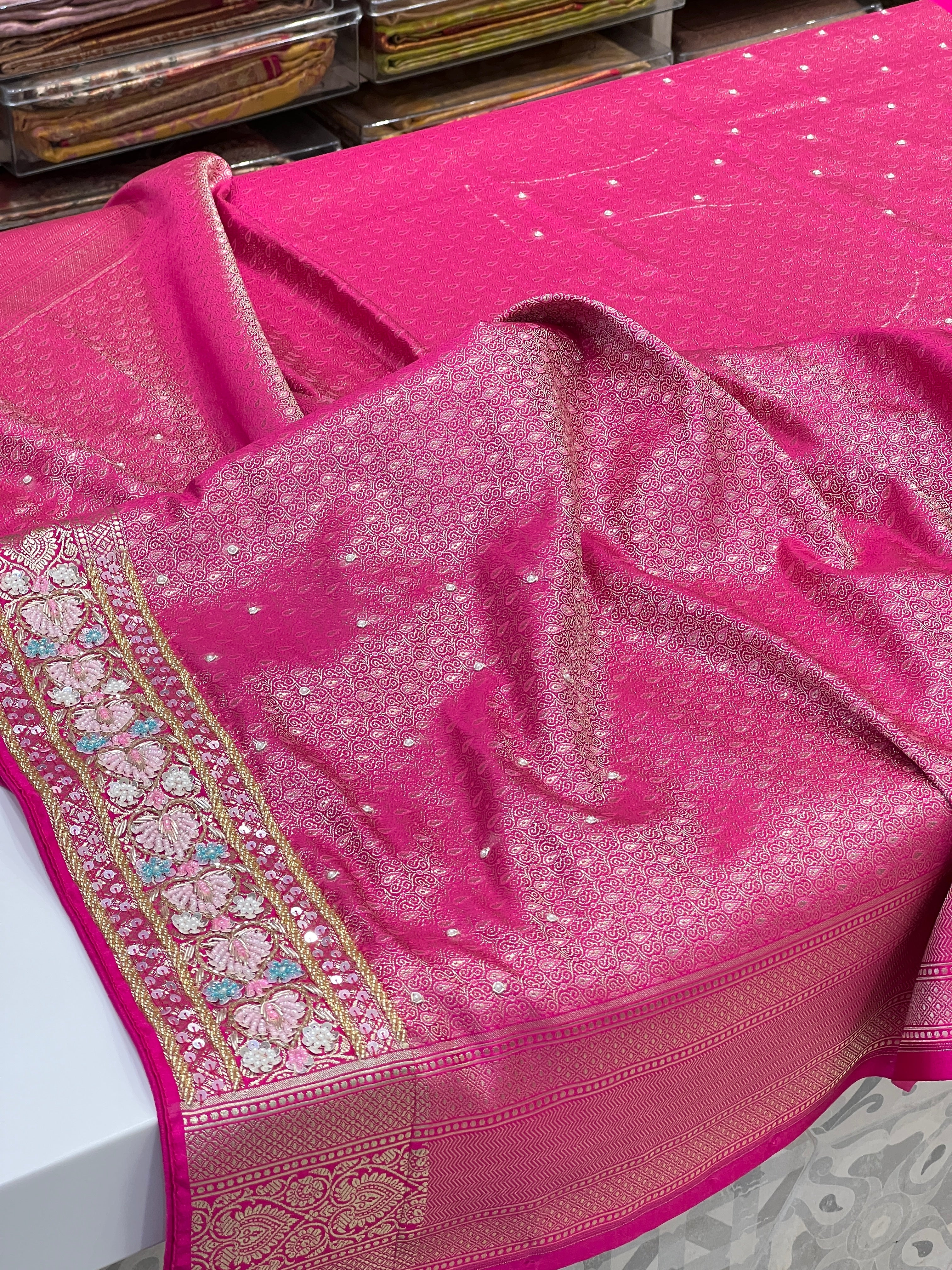 Rani Banarasi Heart Border Fancy Hand Embroidery Saree