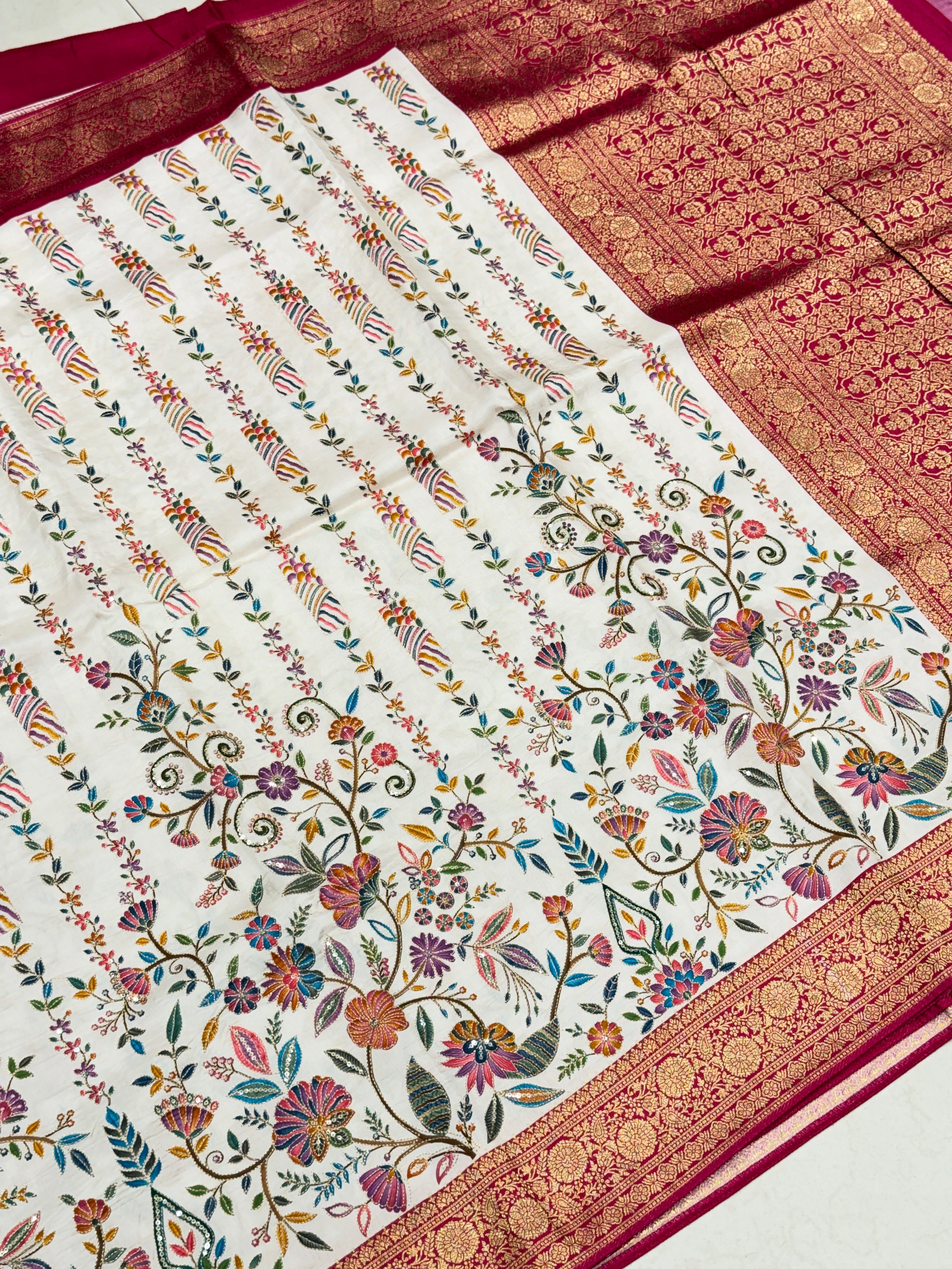 Beige Banarasi Munga With Pita Embroidery