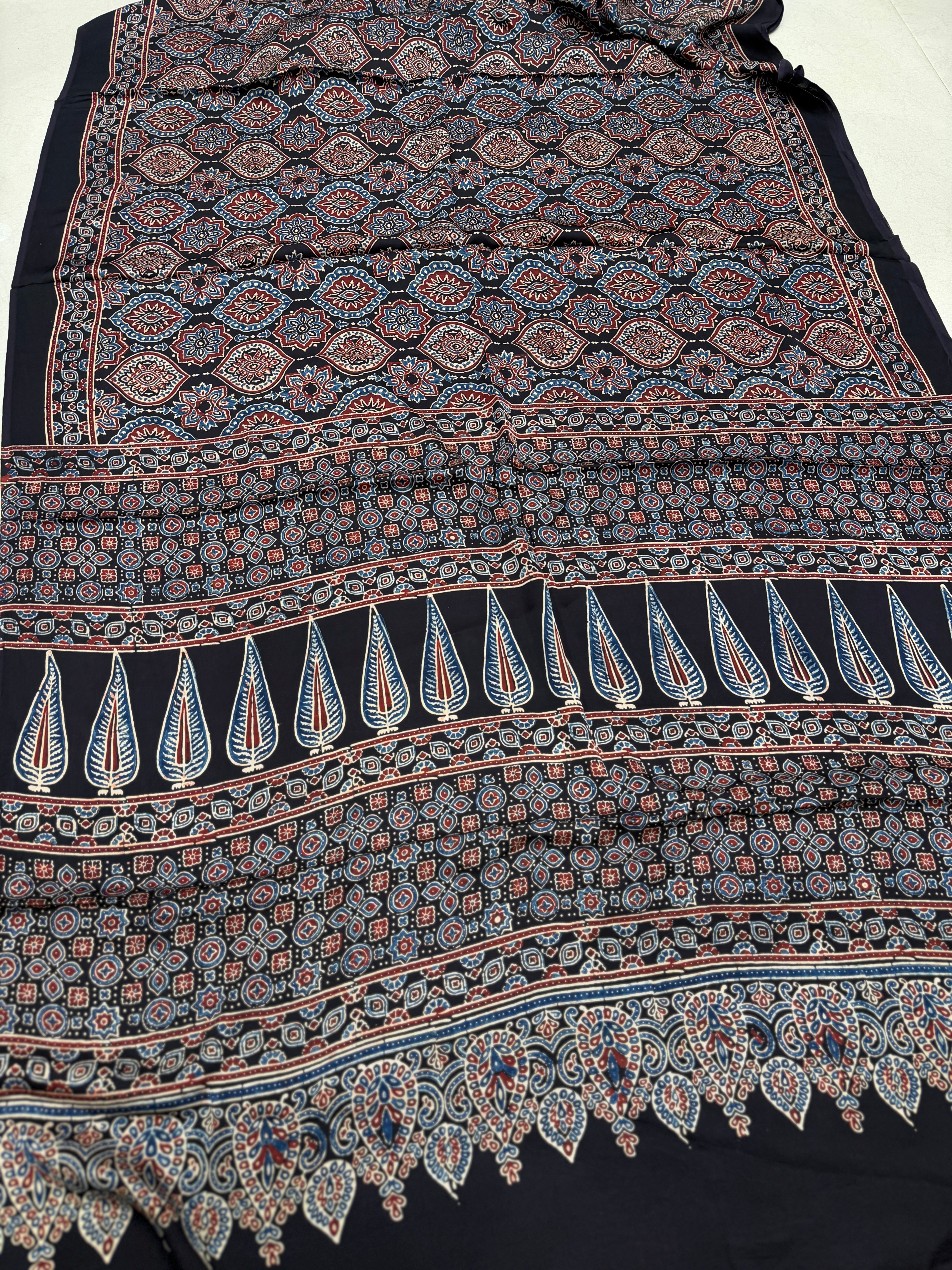 Black Badam Butta Ajrakh Block Print Hand Pure Gajji Silk Saree