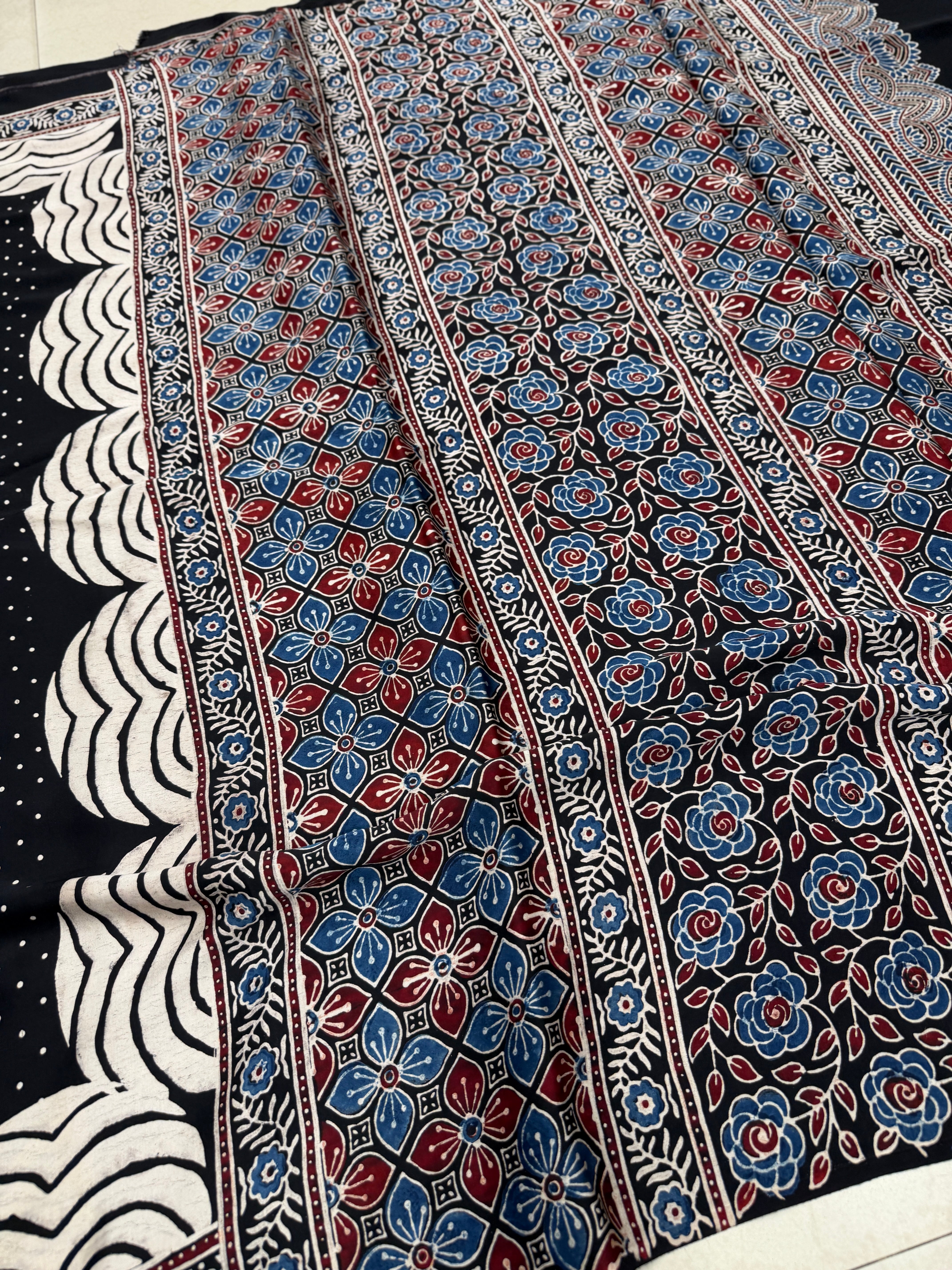 Black Sprinkled Dotts Ajrakh Hand Block Print Pure Modal Silk Saree